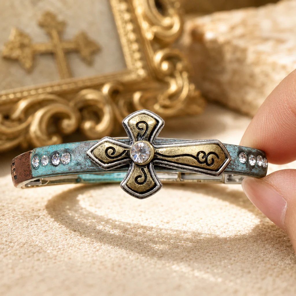 50% OFF|Vintage Cross Stretch Bracelet with Rhinestone Accents - Image 2
