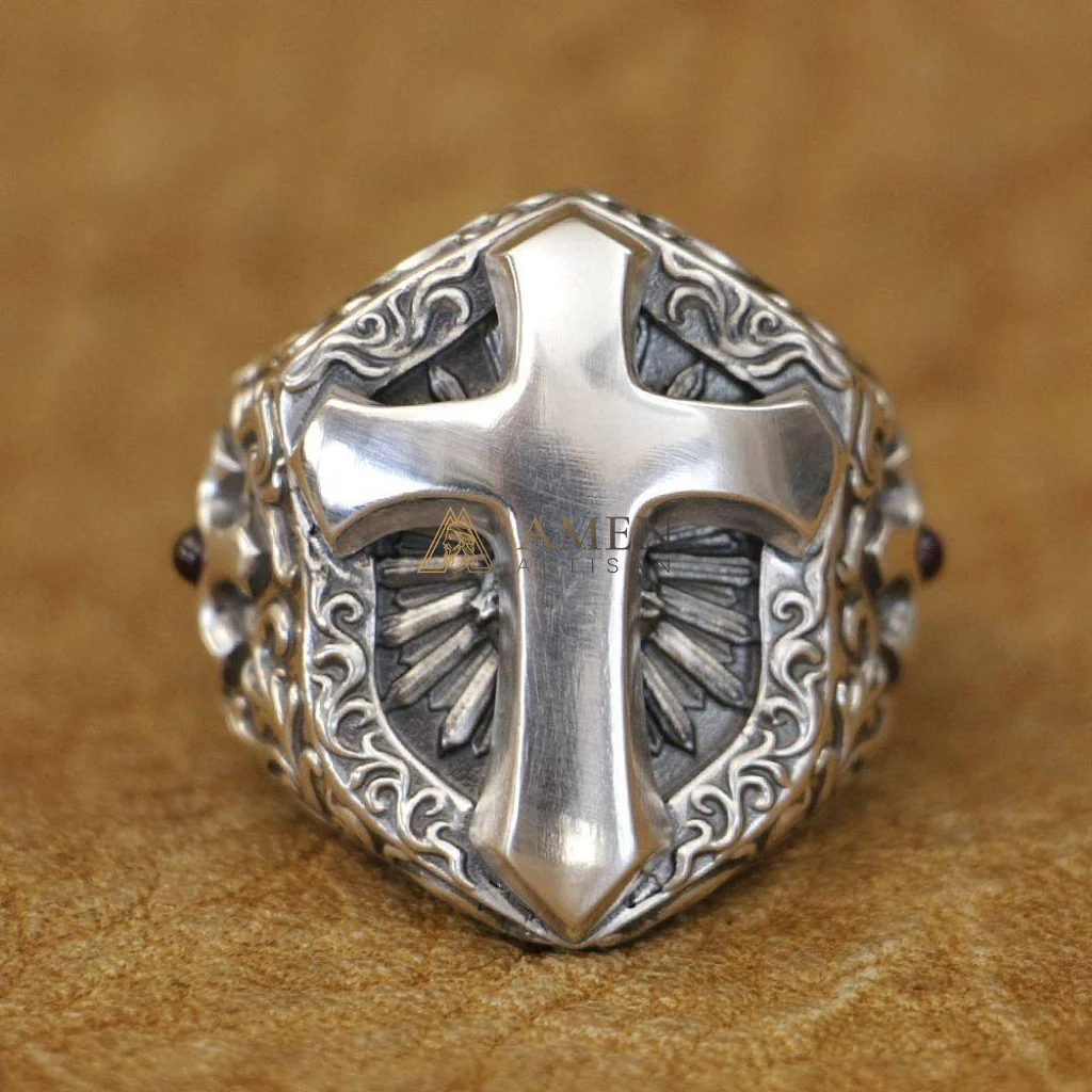 925 Sterling Silver Shield Cross Ring Amen Artisan - Image 4