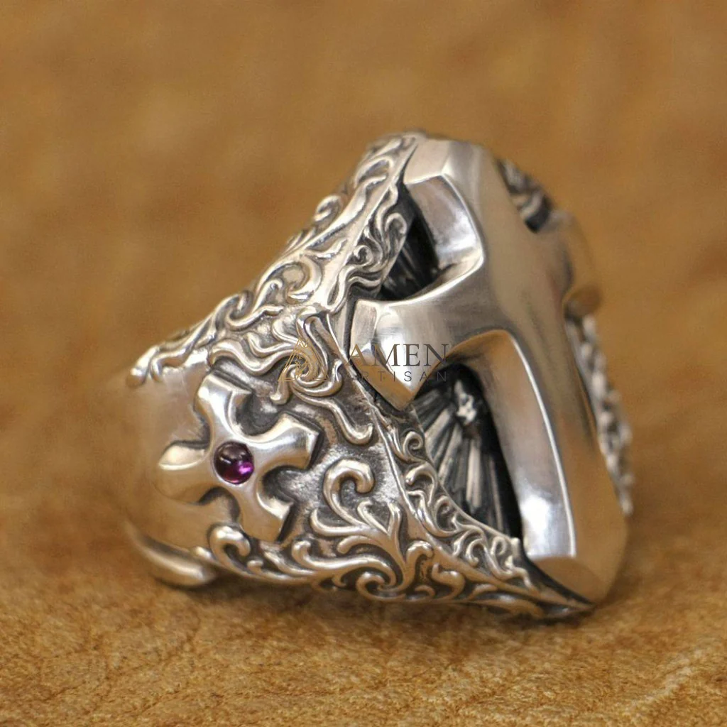 925 Sterling Silver Shield Cross Ring Amen Artisan - Image 5