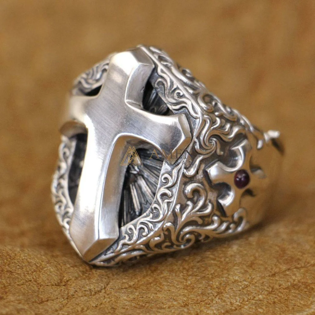 925 Sterling Silver Shield Cross Ring Amen Artisan - Image 6