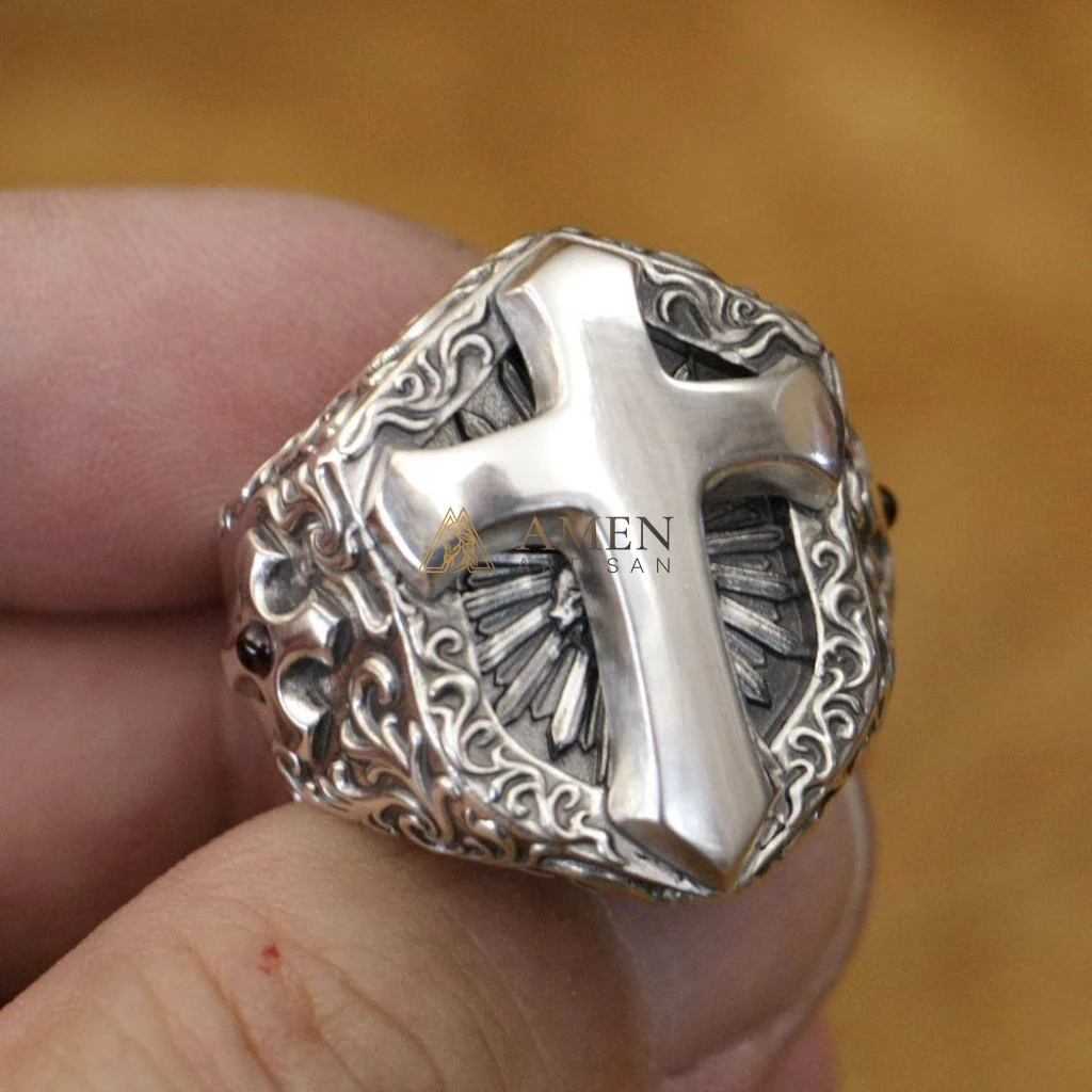 925 Sterling Silver Shield Cross Ring Amen Artisan - Image 9