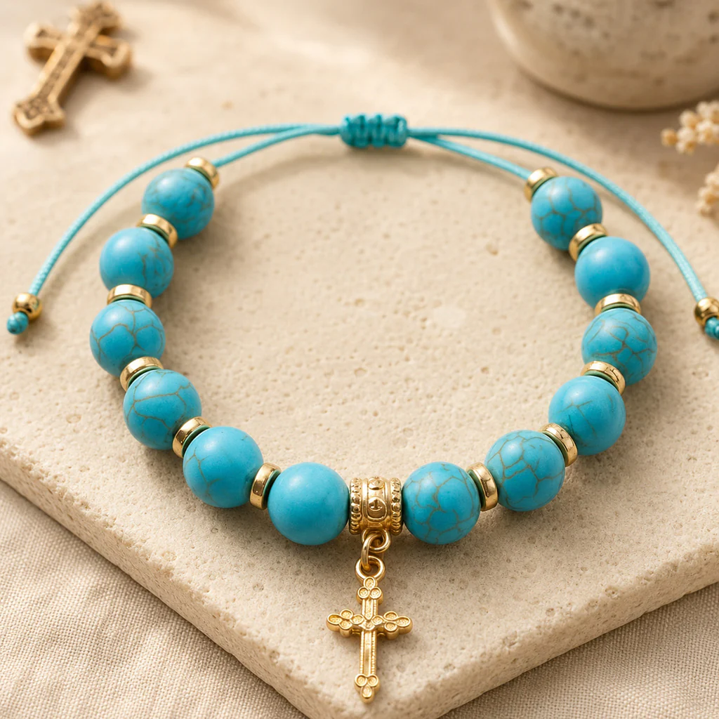 Adjustable Turquoise-Style Beaded Cross Bracelet - Image 3