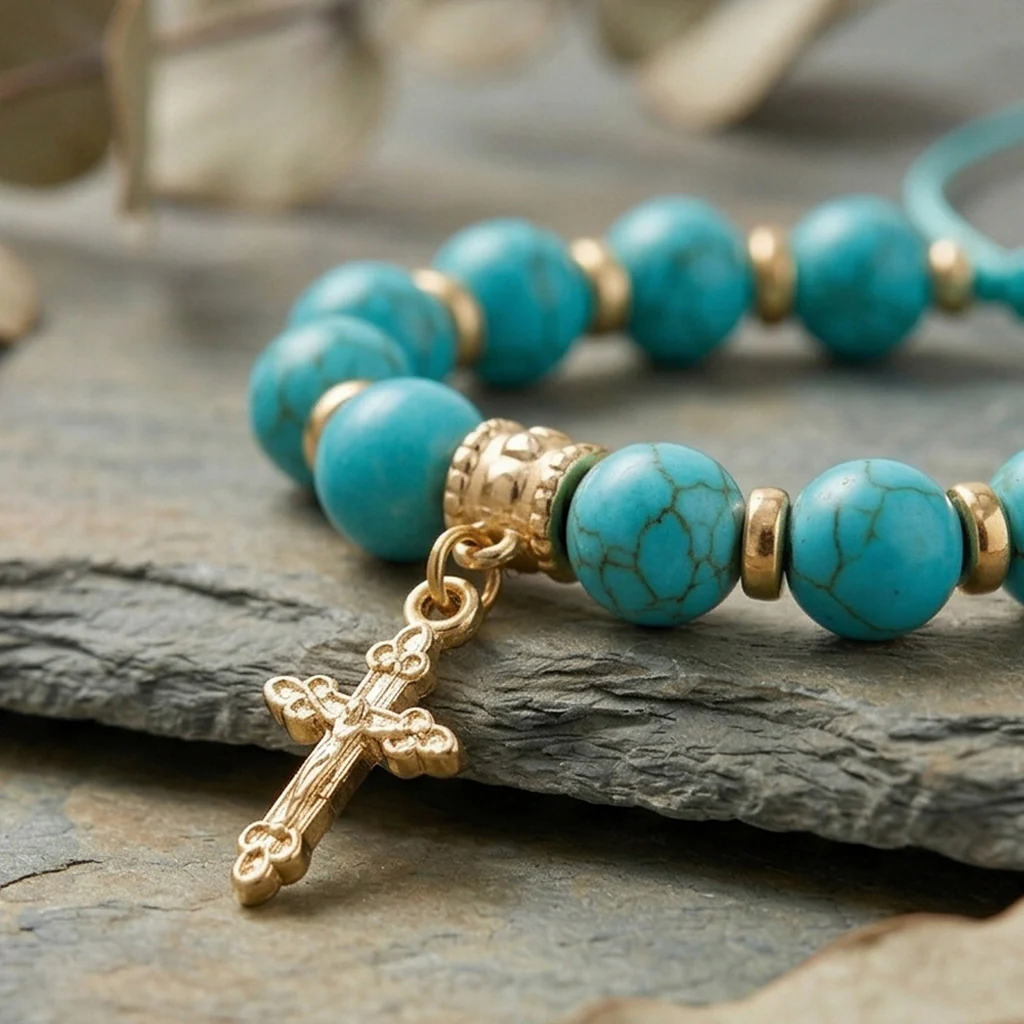 Adjustable Turquoise-Style Beaded Cross Bracelet - Image 5