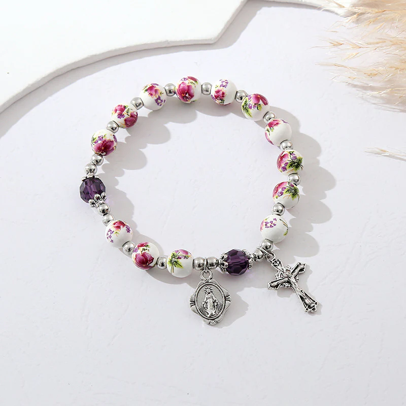 Amen Artisan Blue-and-White Porcelain Style Crucifix Pearl Bracelet