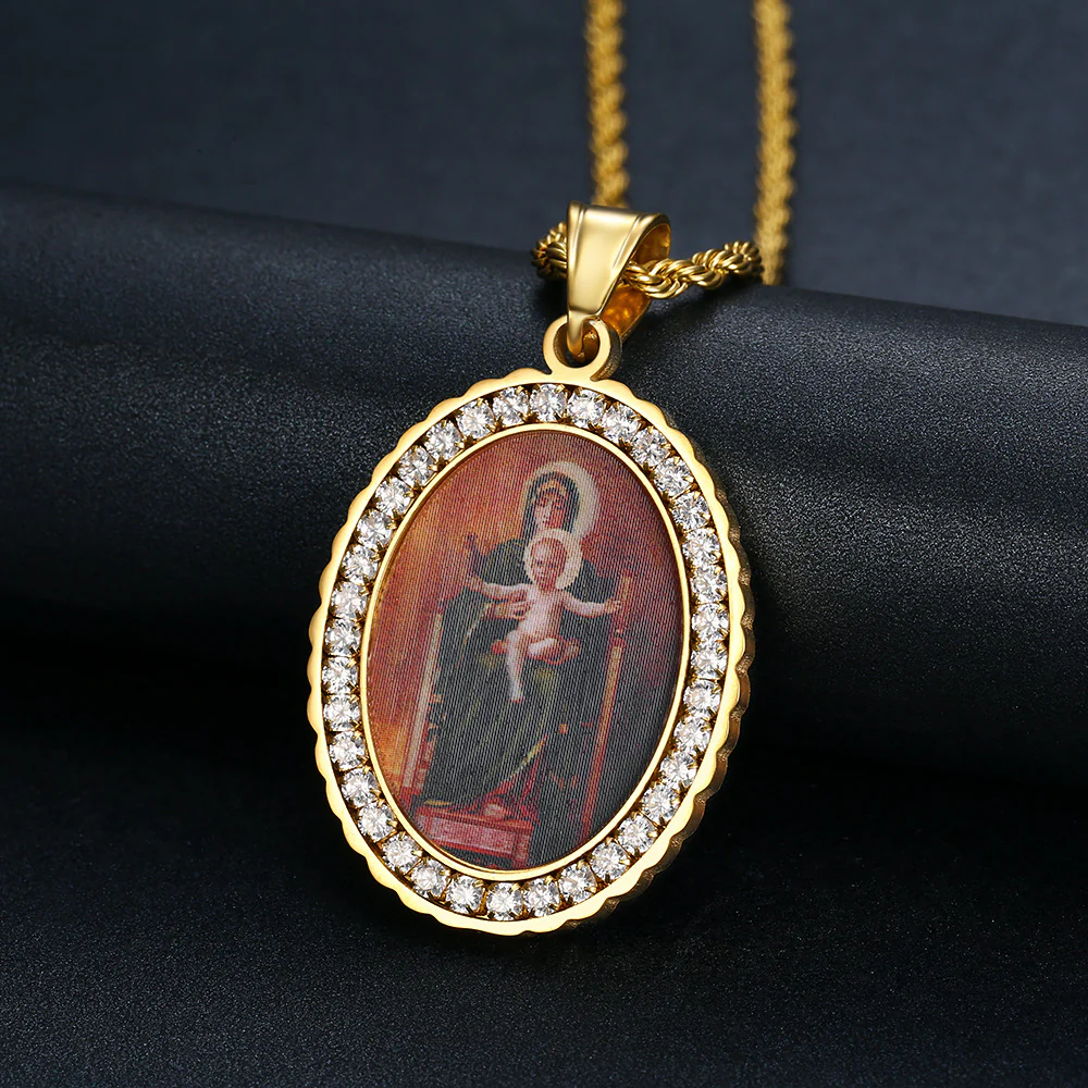 Holy Mother Photo Memorial Titanium Steel Zircon Necklace Amen Artisan - Image 4