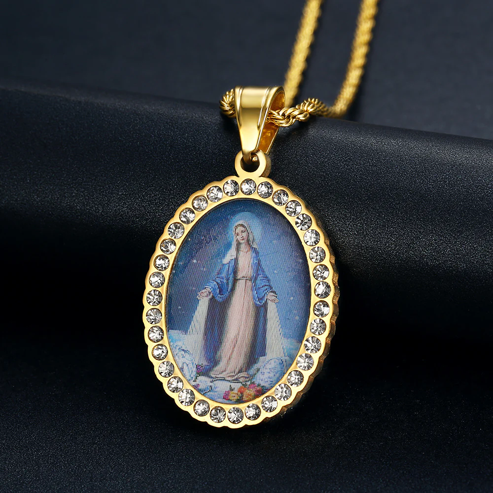 Holy Mother Photo Memorial Titanium Steel Zircon Necklace Amen Artisan - Image 8