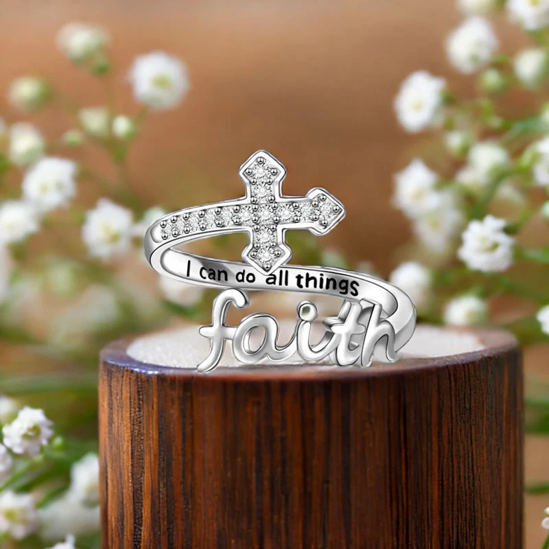 Amen Artisan Shining Diamond-Encrusted Faith Cross Adjustable Open Ring - Image 3