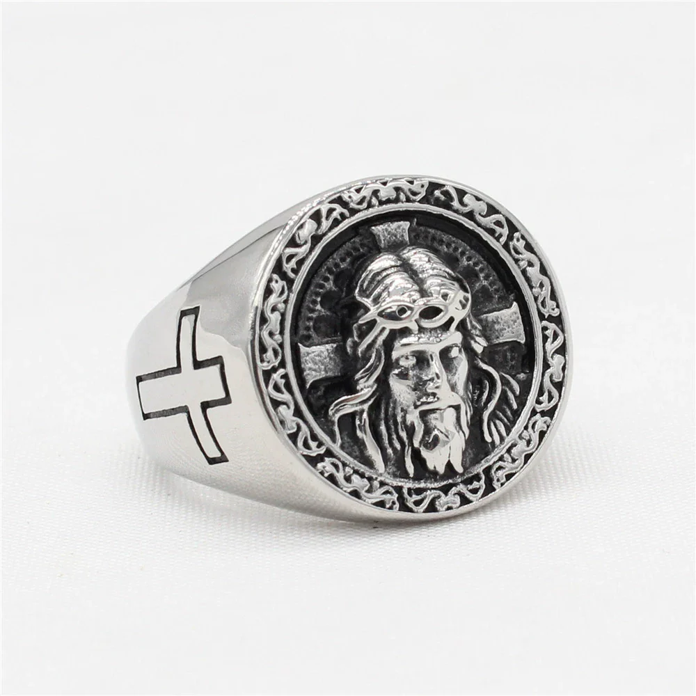 Vintage Cross Jesus Portrait Titanium Steel Ring Amen Artisan - Image 2