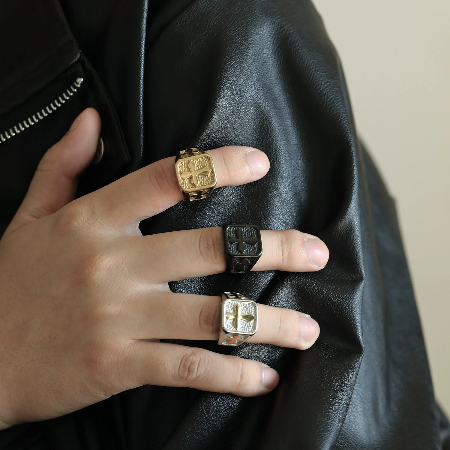 Amen Artisan Vintage Cross Stone Texture Titanium Steel Ring - Image 2
