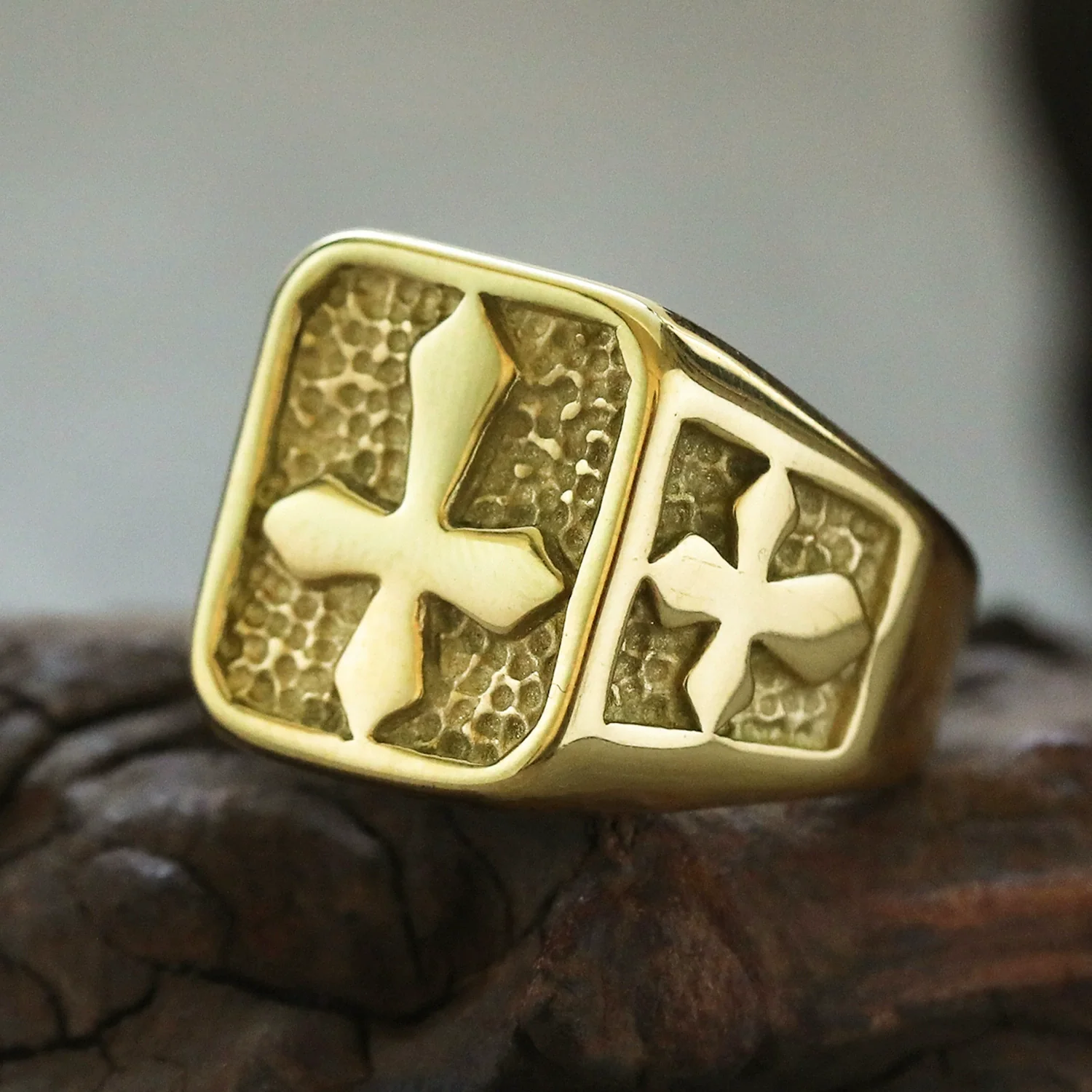 Amen Artisan Vintage Cross Stone Texture Titanium Steel Ring - Image 3