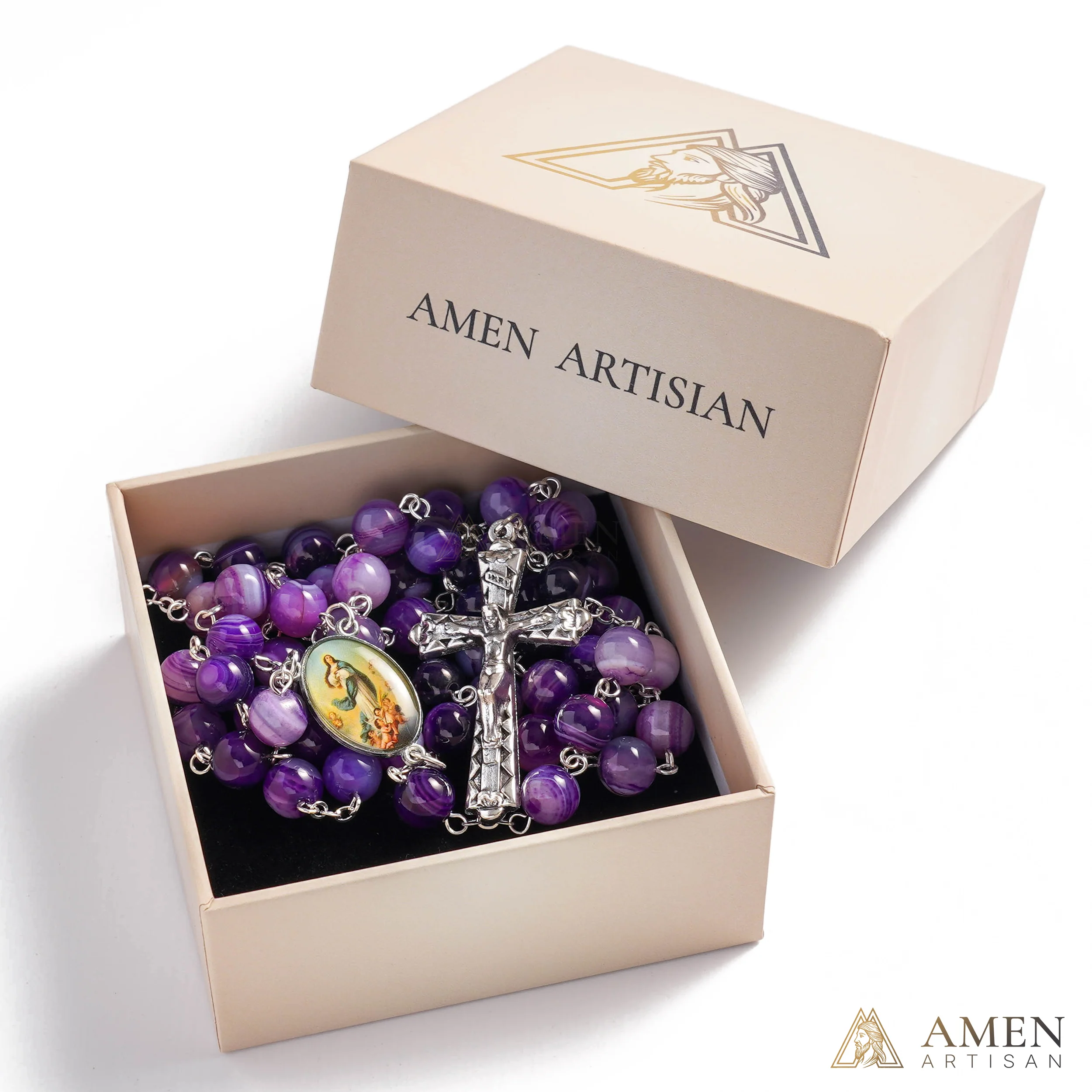【Deal Today】Amethyst Rosary with Assumption of Mary Medal Amen Artisan - Image 4