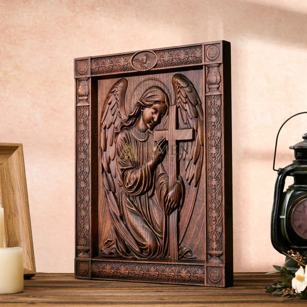Angel of Prayer Wood Carving Amen Artisan - Image 3