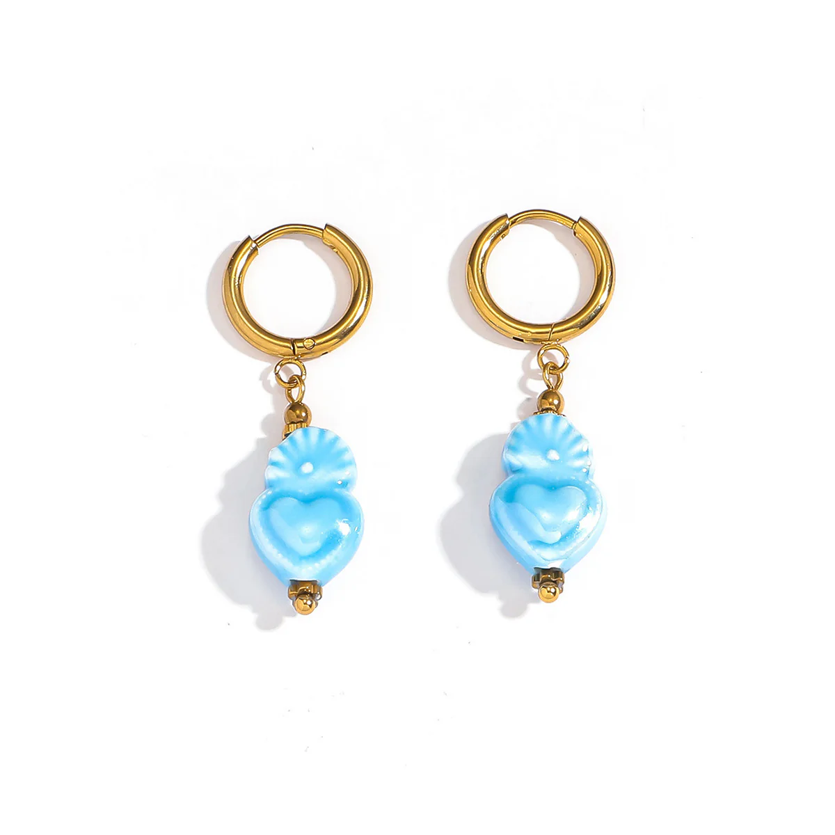 Aqua Blue Ceramic Sacred Heart Dangle Hoop Earrings - Image 3