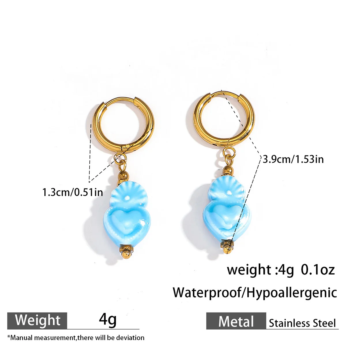 Aqua Blue Ceramic Sacred Heart Dangle Hoop Earrings - Image 4