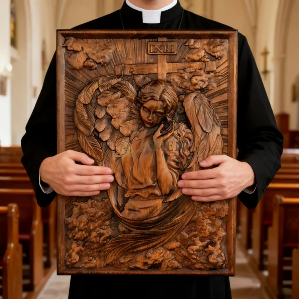 Archangel Chamuel Wood Carving Amen Artisan - Image 4