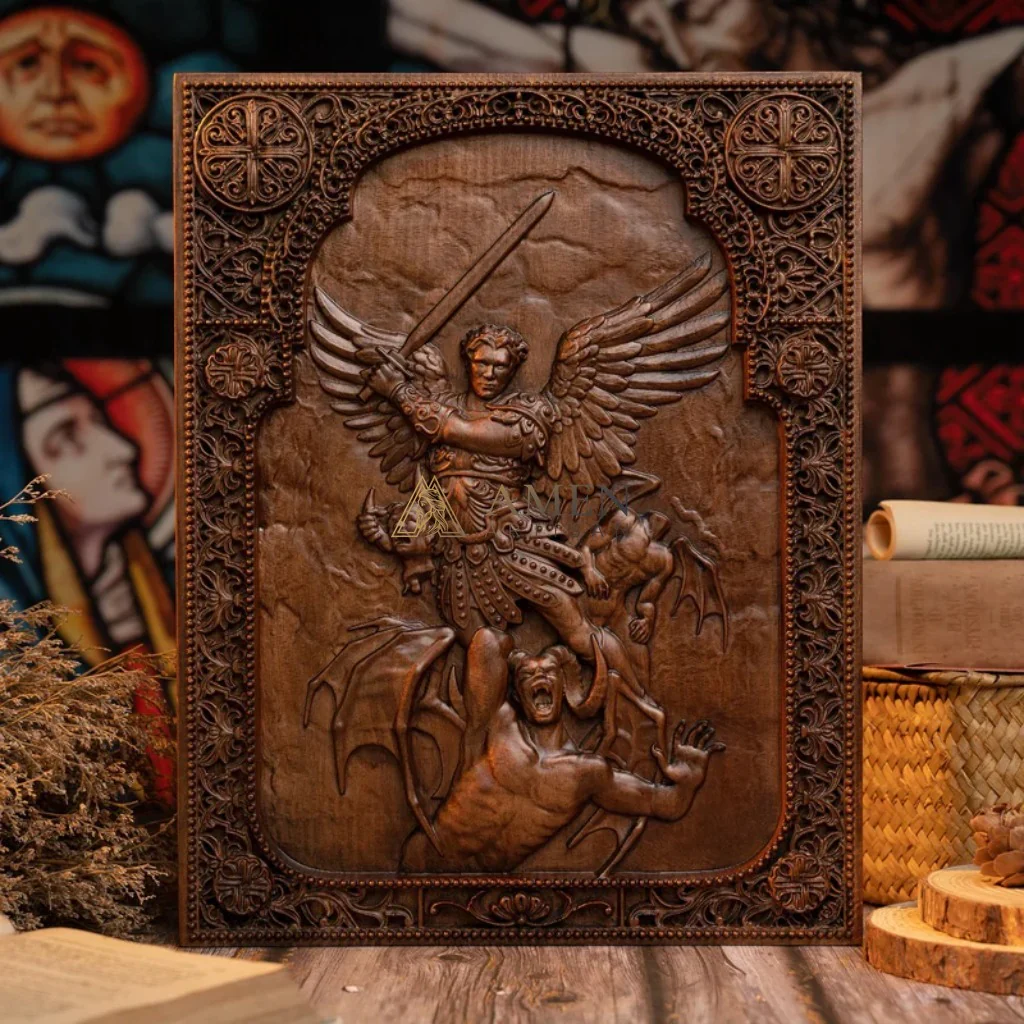 Archangel Michael Wood Carving Amen Artisan