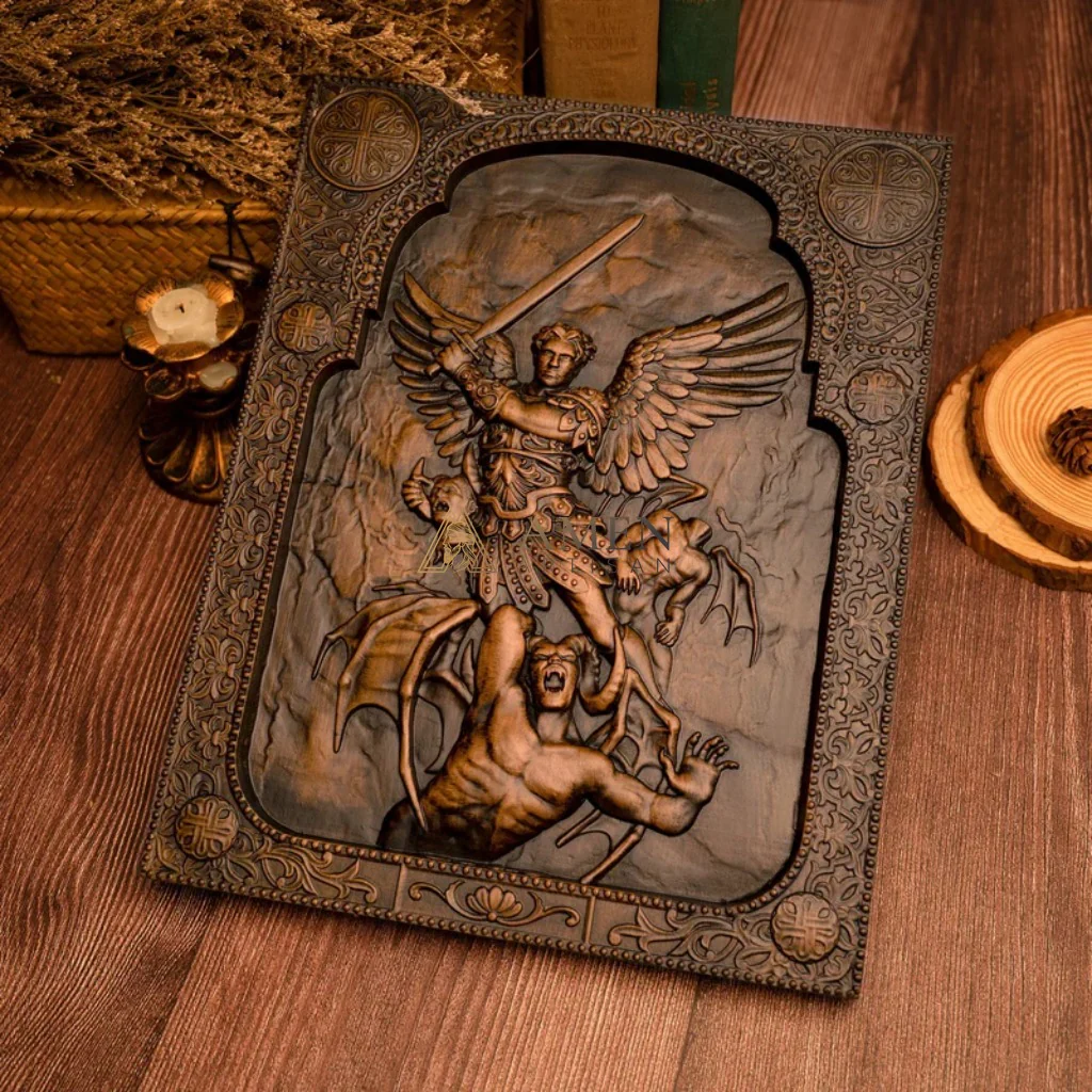 Archangel Michael Wood Carving Amen Artisan - Image 2