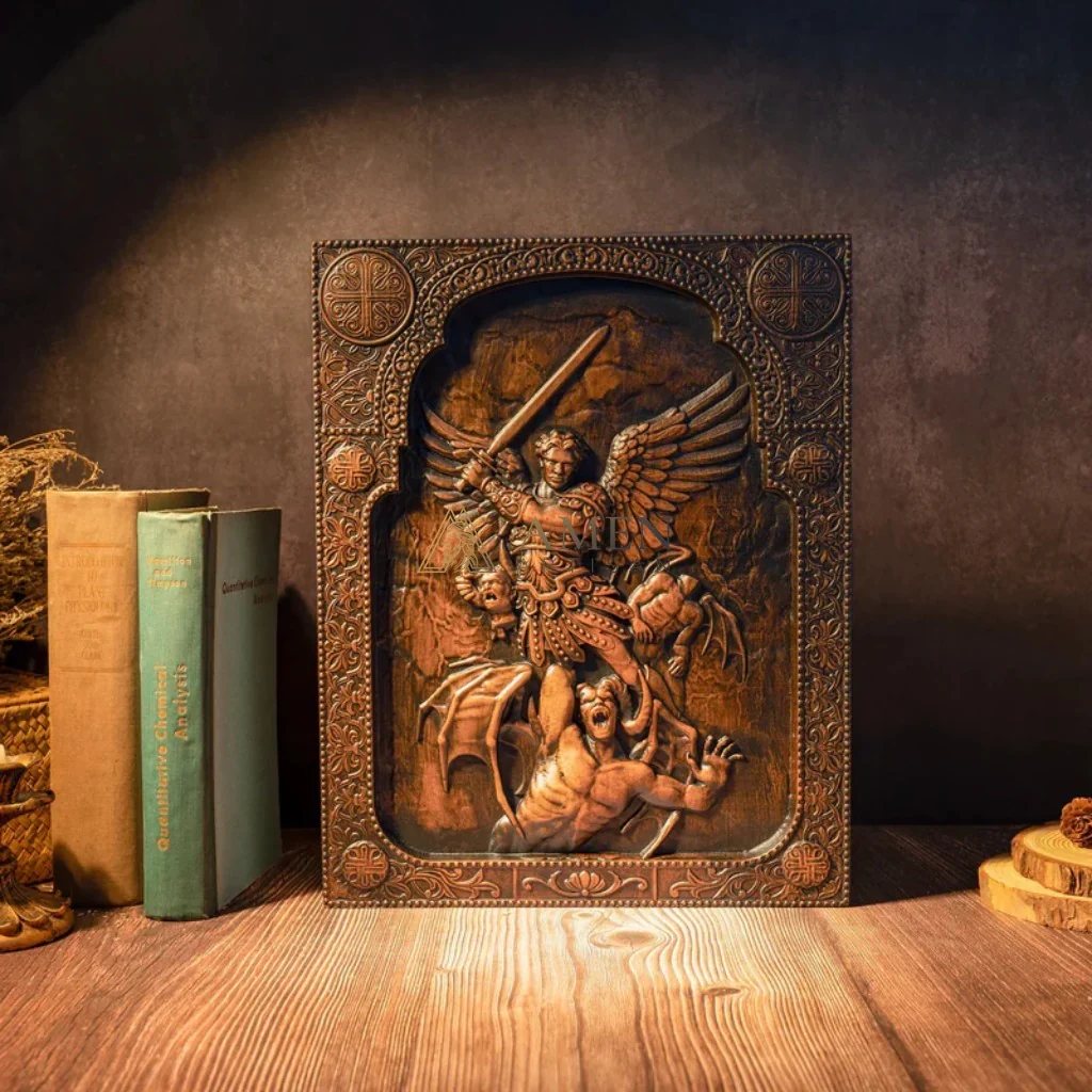 Archangel Michael Wood Carving Amen Artisan - Image 3