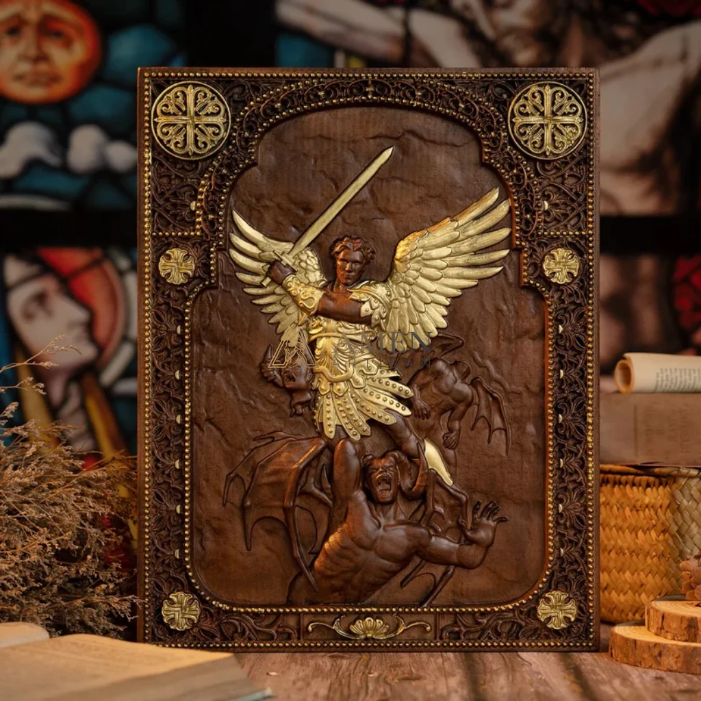 Archangel Michael Wood Carving Amen Artisan - Image 4
