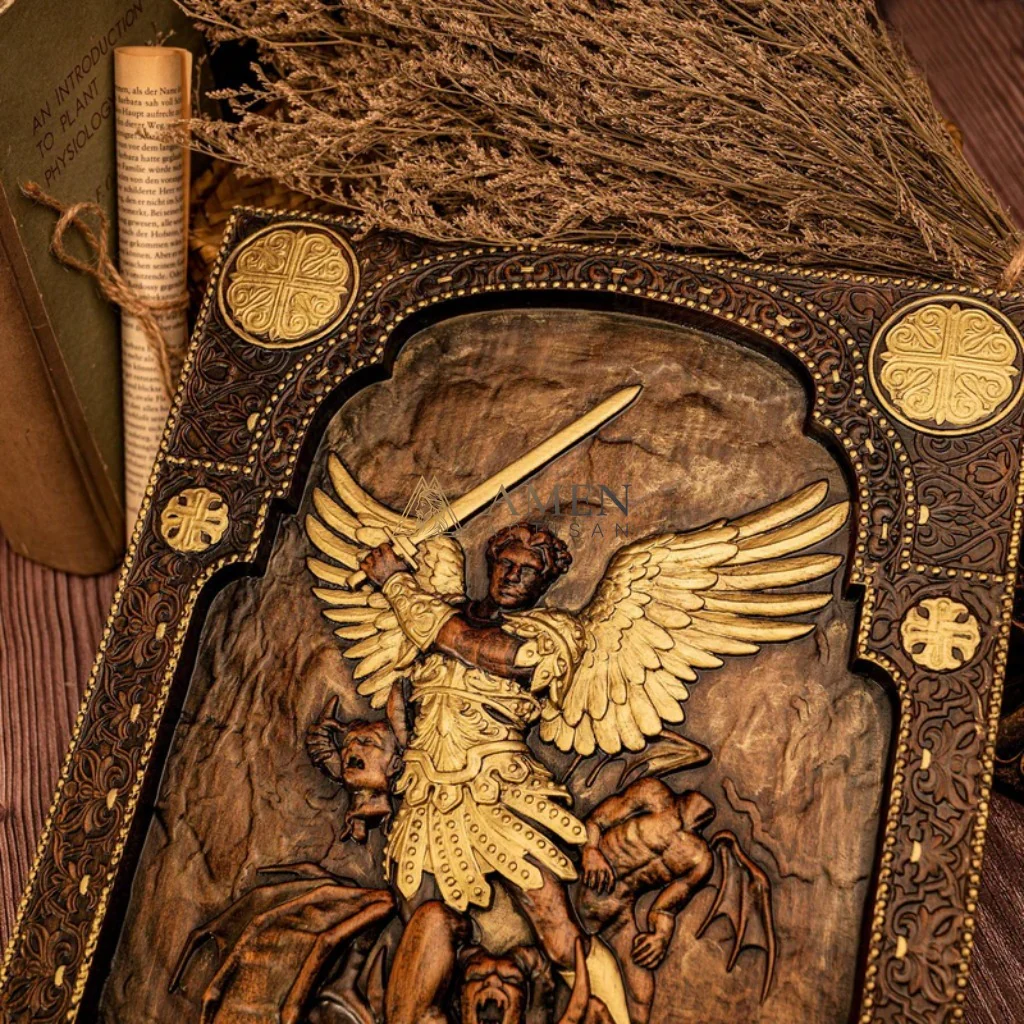 Archangel Michael Wood Carving Amen Artisan - Image 5