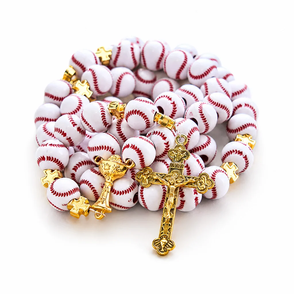 Baseball Rosary with Gold-Tone Crucifix and Cross Spacers - Image 2