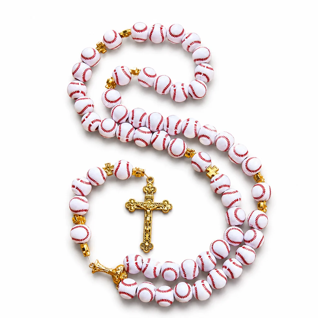 Baseball Rosary with Gold-Tone Crucifix and Cross Spacers - Image 6