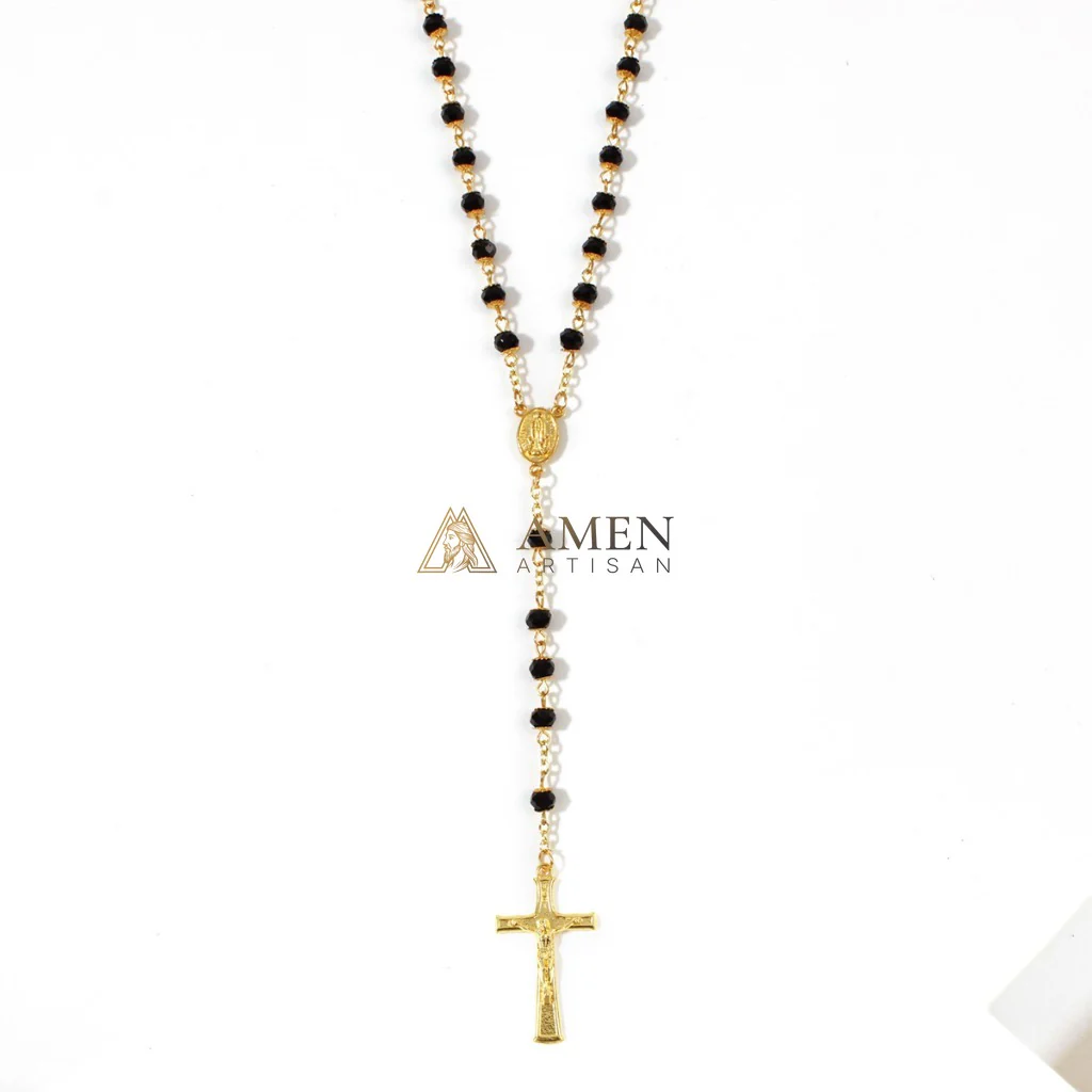 Black Glass Our Lady Crucifix Rosary Amen Artisan - Image 3