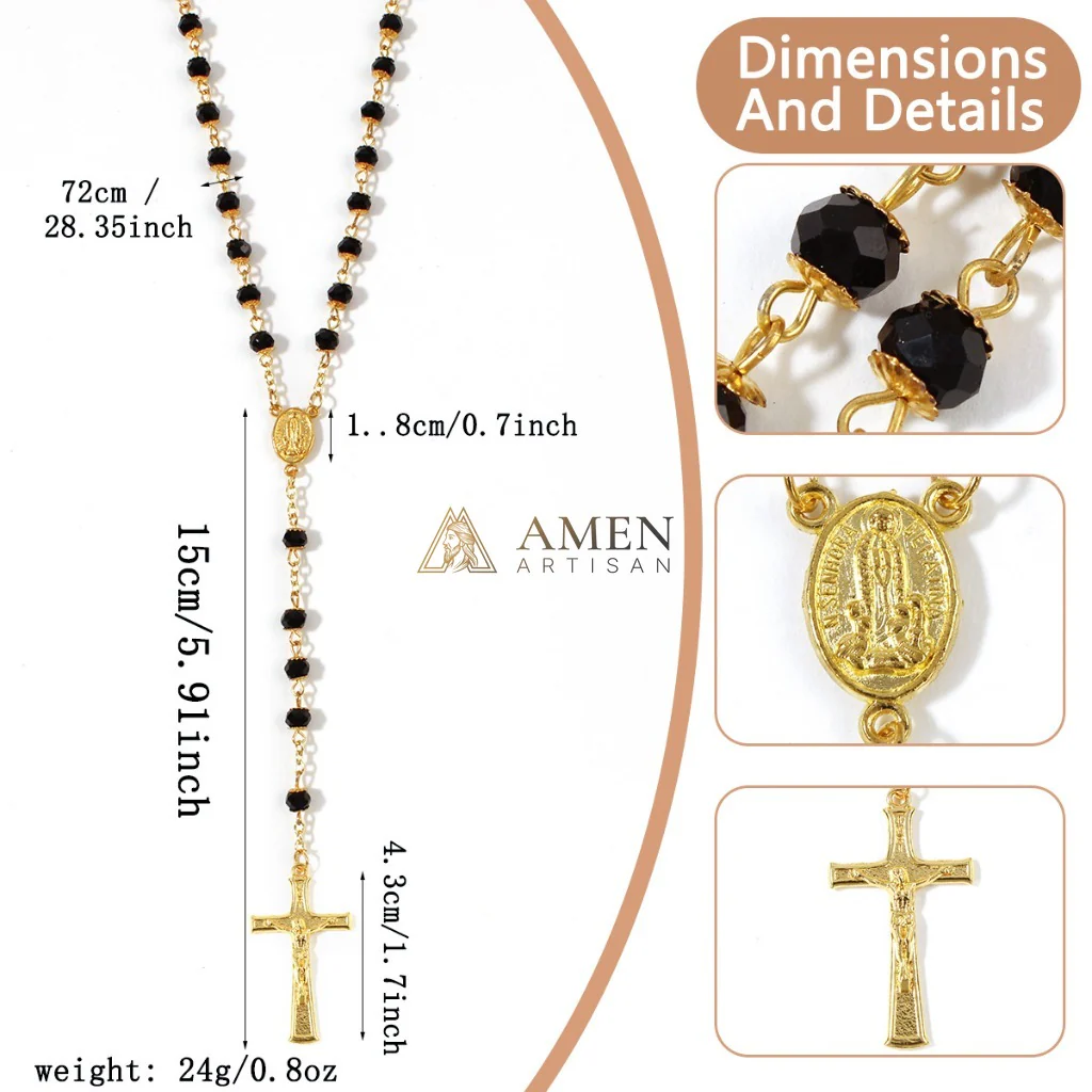 Black Glass Our Lady Crucifix Rosary Amen Artisan - Image 4