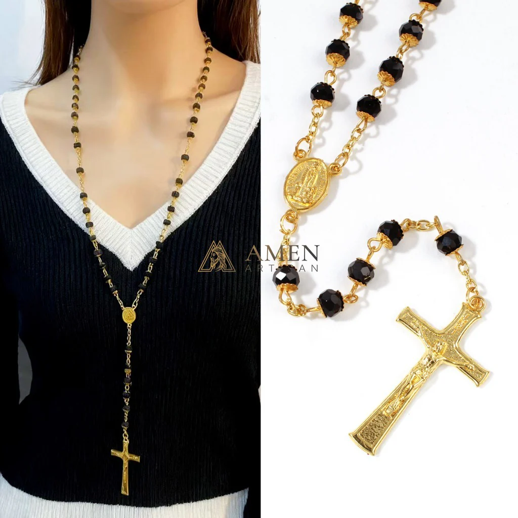 Black Glass Our Lady Crucifix Rosary Amen Artisan - Image 5