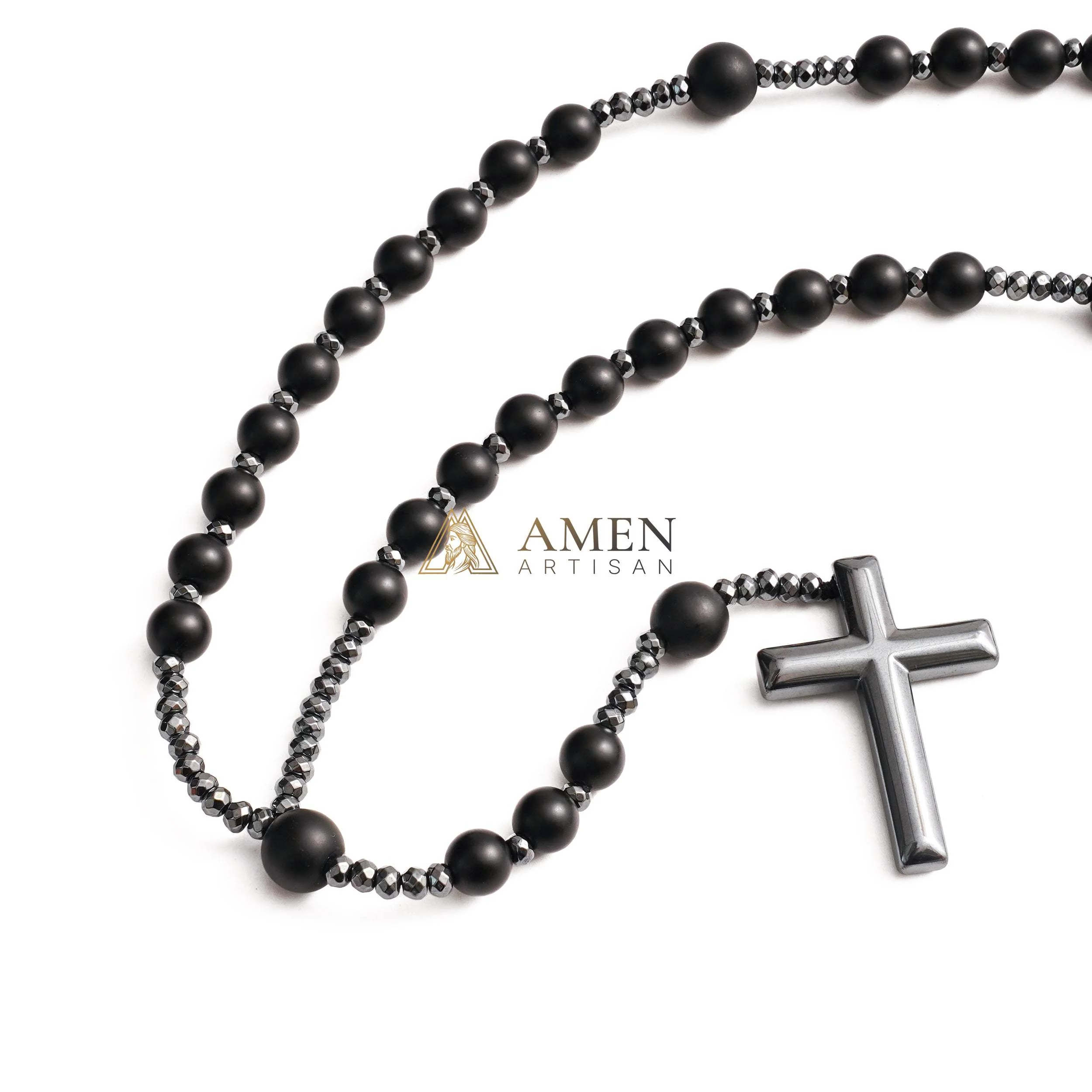 Black Onyx Cross Rosary Amen Artisan - Image 4