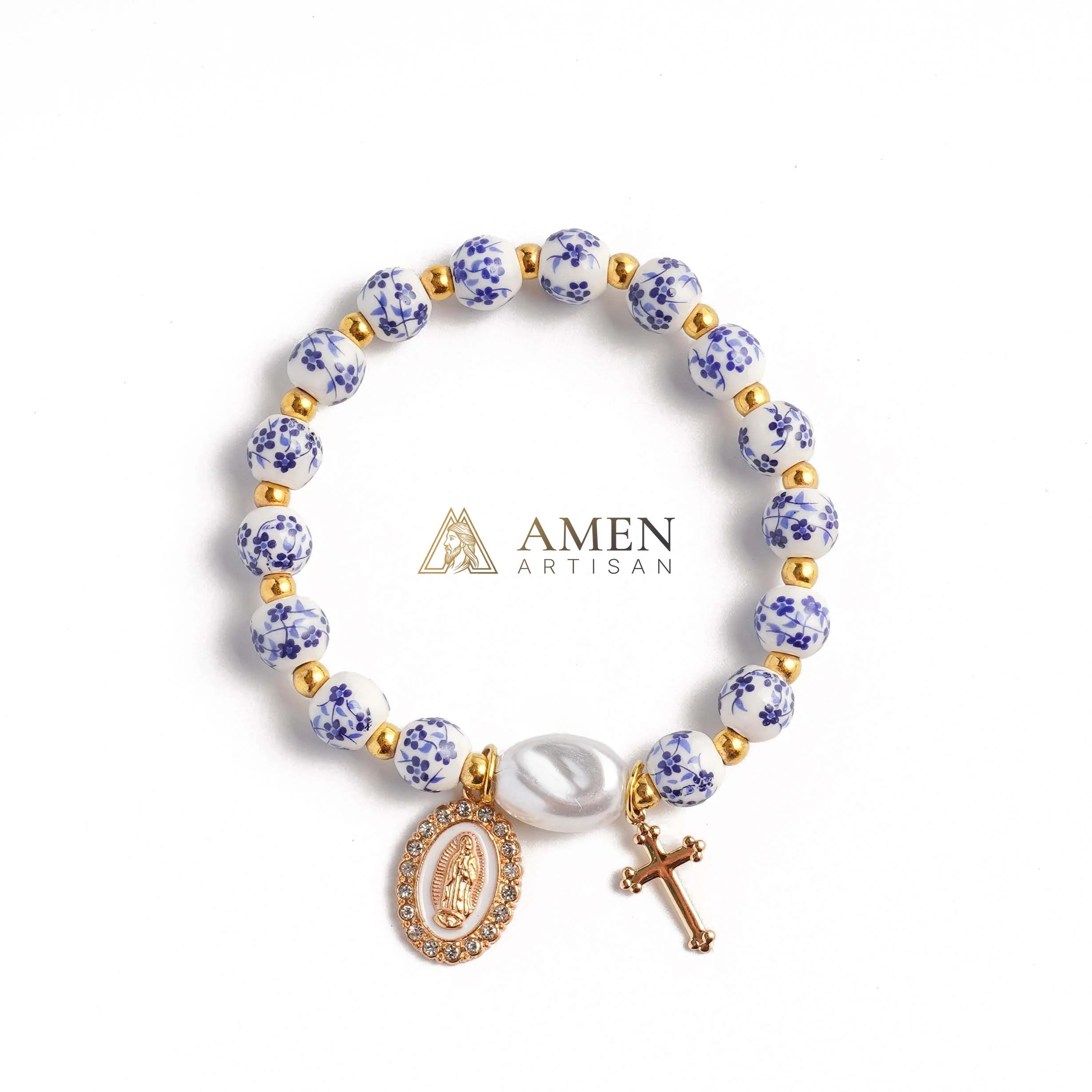 Blue and White Pottery Beads & Baroque Pearl Elastic Cord Cross Bracelet Amen Artisan - Image 5