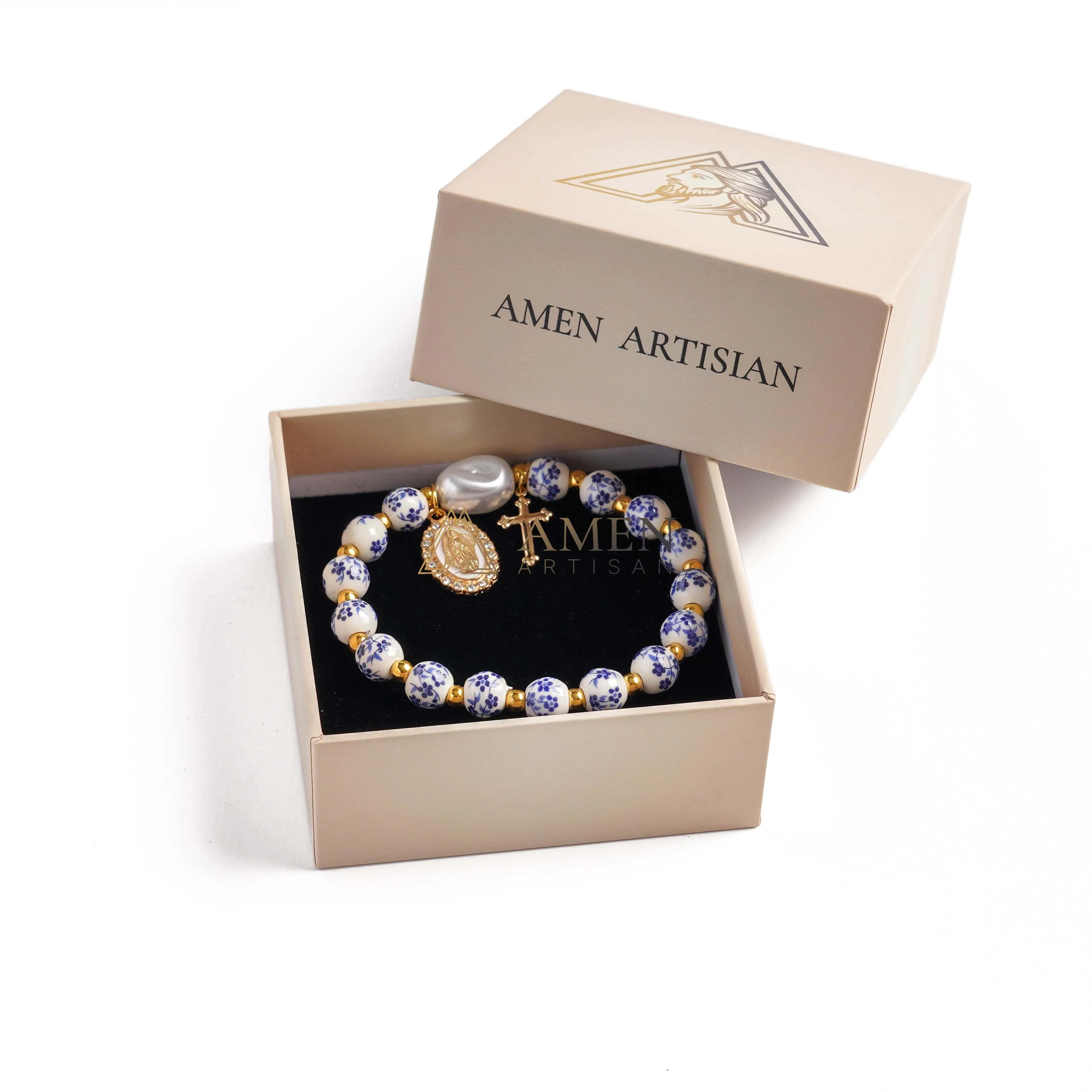 Blue and White Pottery Beads & Baroque Pearl Elastic Cord Cross Bracelet Amen Artisan - Image 7