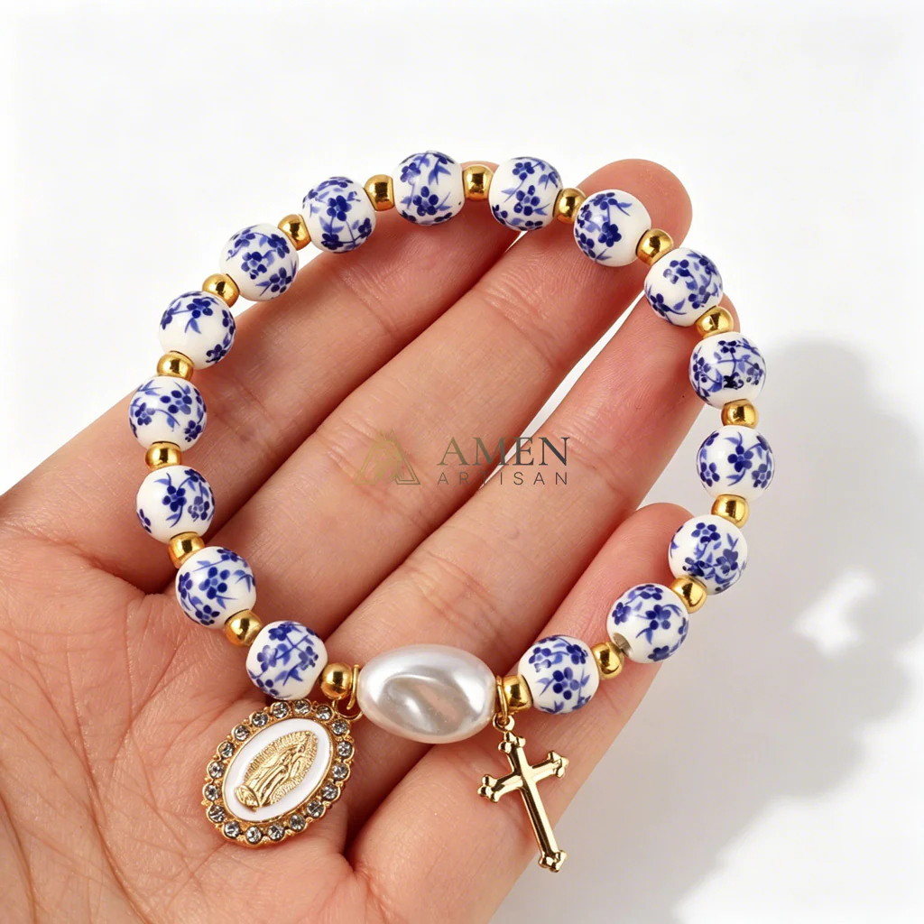 【Deal Today】Blue and White Pottery Beads & Baroque Pearl Elastic Cord Cross Bracelet - Image 3