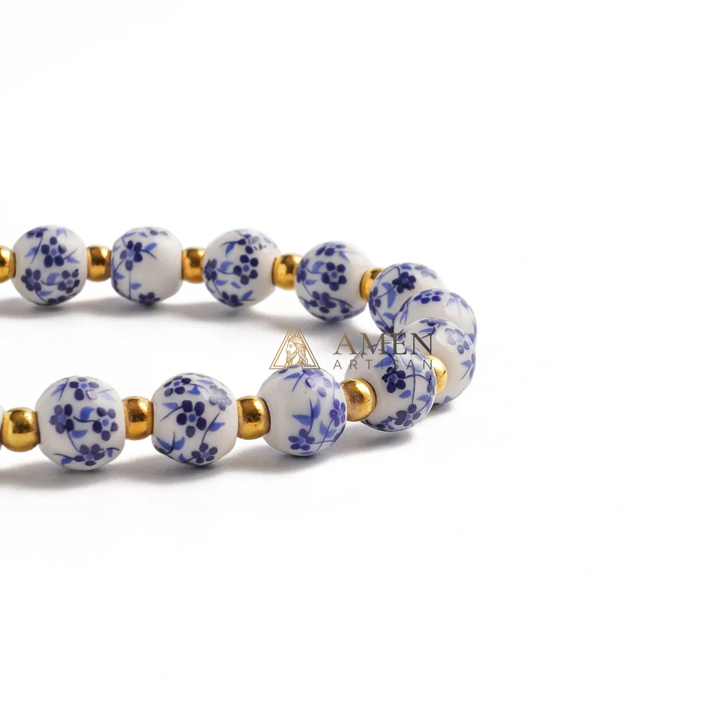 【Deal Today】Blue and White Pottery Beads & Baroque Pearl Elastic Cord Cross Bracelet - Image 4