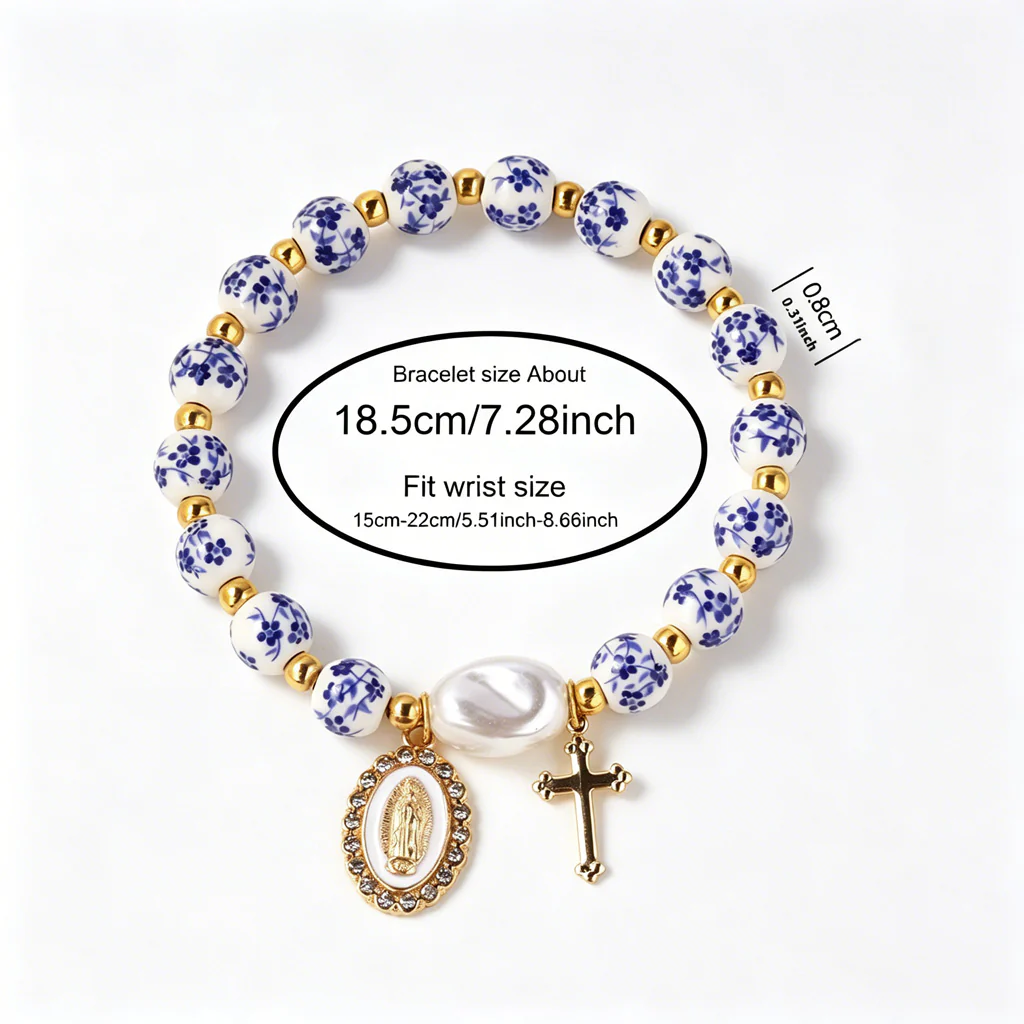 【Deal Today】Blue and White Pottery Beads & Baroque Pearl Elastic Cord Cross Bracelet - Image 5