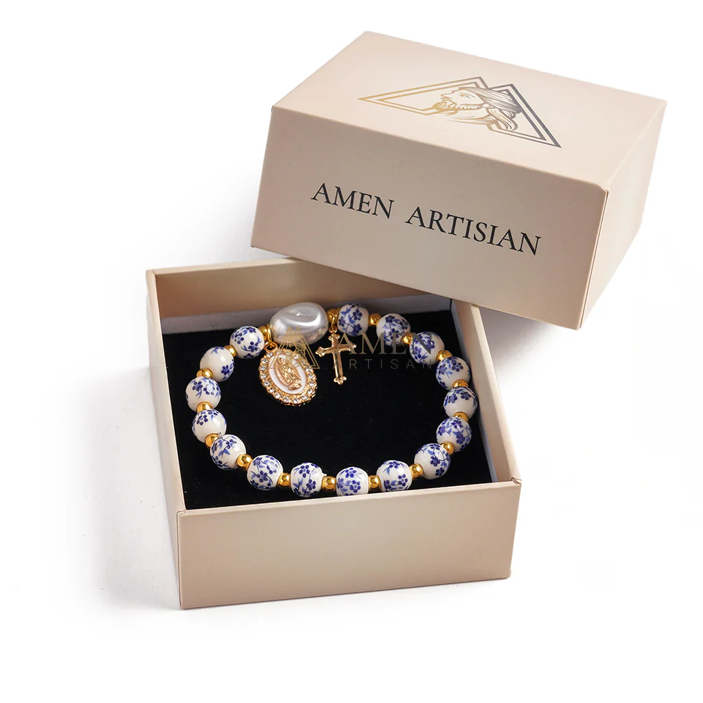 【Deal Today】Blue and White Pottery Beads & Baroque Pearl Elastic Cord Cross Bracelet - Image 6