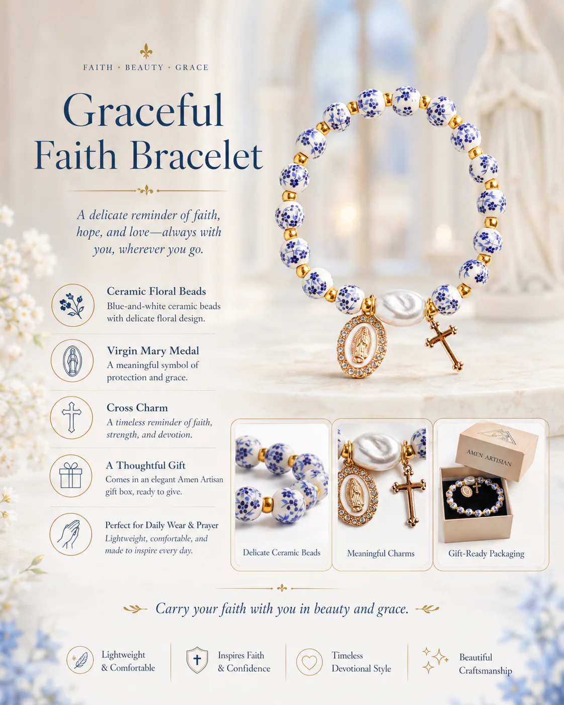 【Deal Today】Blue and White Pottery Beads & Baroque Pearl Elastic Cord Cross Bracelet - Image 7