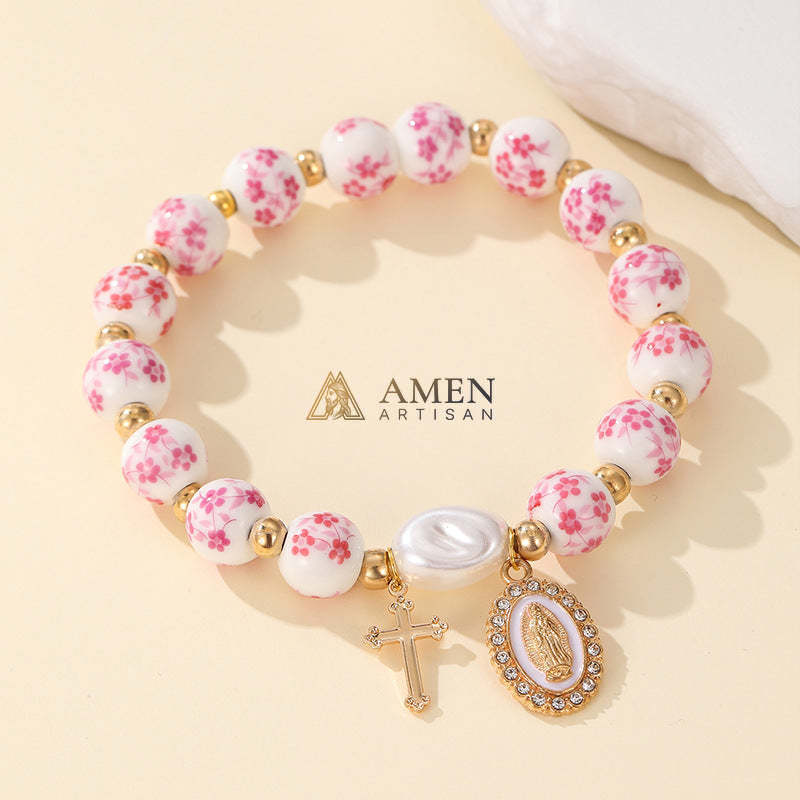 【Deal Today】Blue and White Pottery Beads & Baroque Pearl Elastic Cord Cross Bracelet - Image 8