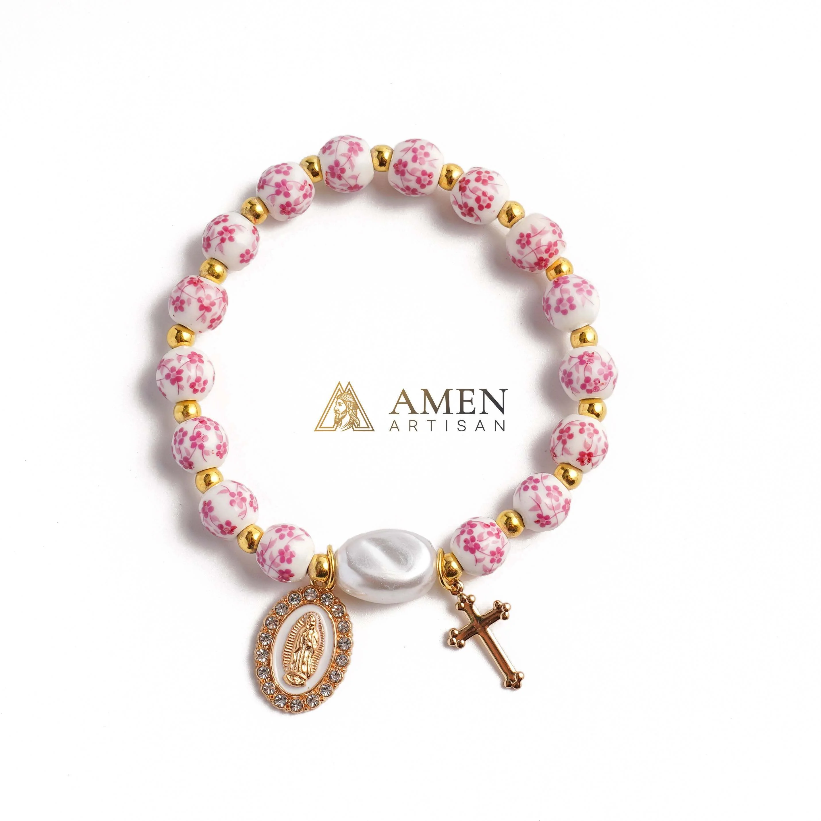【Deal Today】Blue and White Pottery Beads & Baroque Pearl Elastic Cord Cross Bracelet - Image 9
