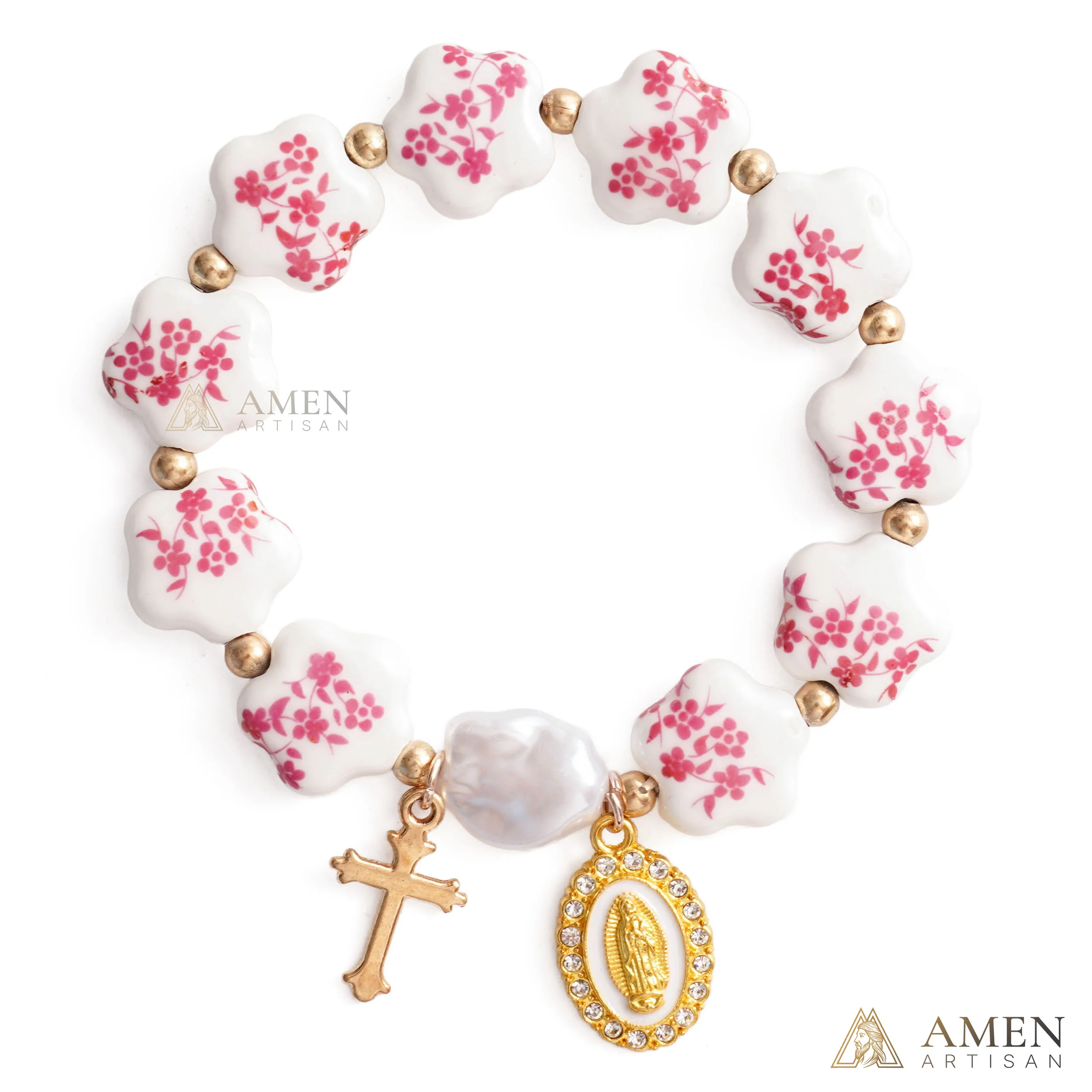Blue Floral Ceramic Flower Bracelet with Virgin Mary Pendant - Faith & Peace | Amen Artisan - Image 2