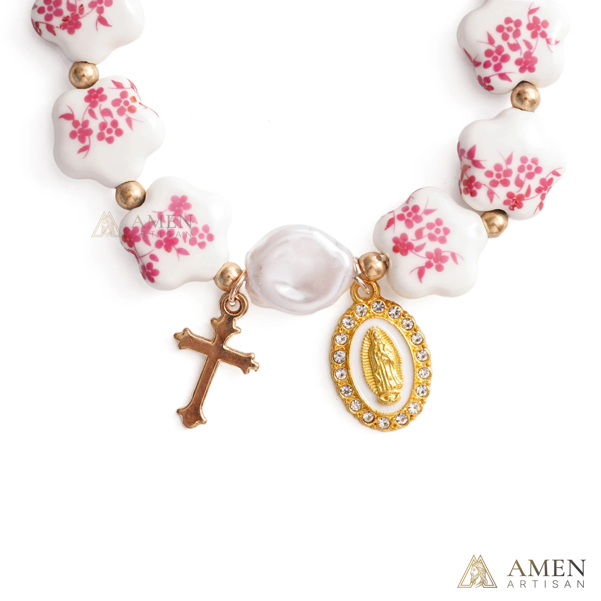 Blue Floral Ceramic Flower Bracelet with Virgin Mary Pendant - Faith & Peace | Amen Artisan - Image 6