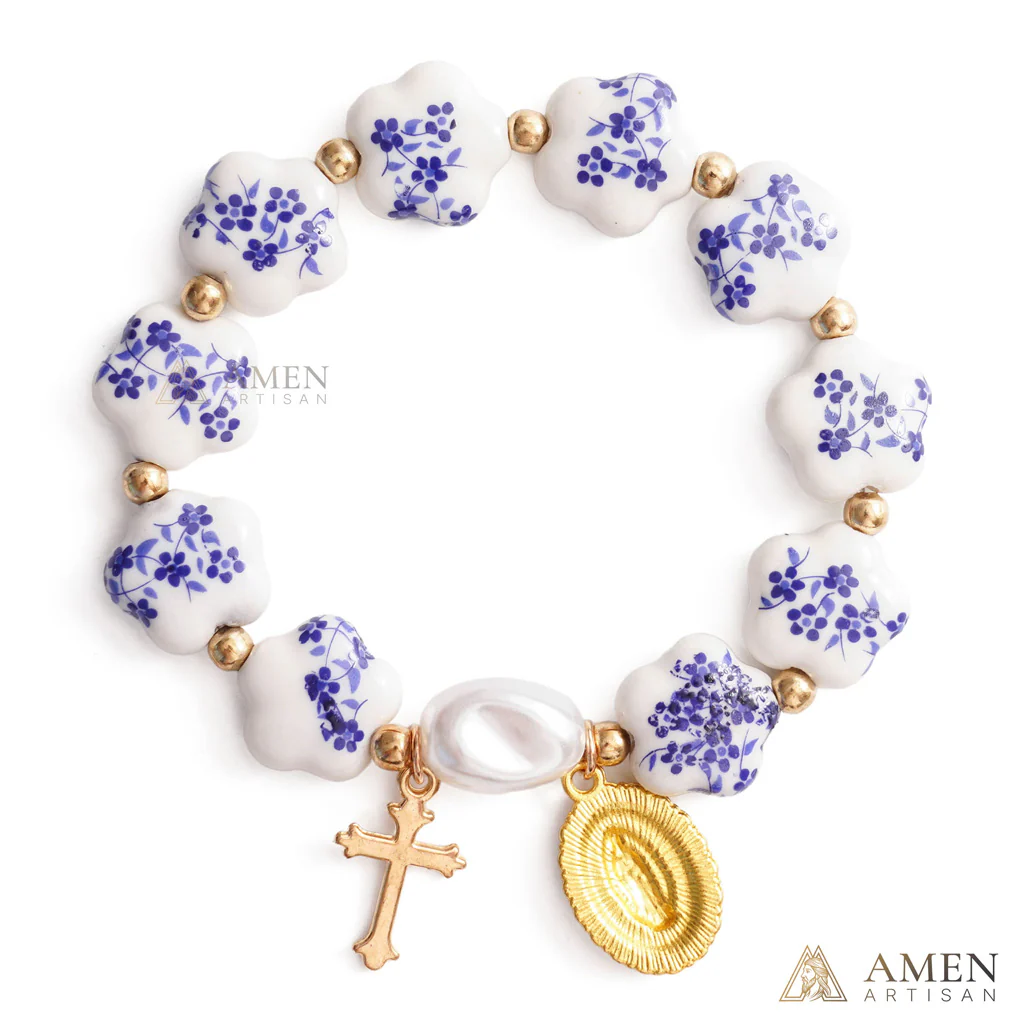 Blue Floral Ceramic Flower Bracelet with Virgin Mary Pendant - Faith & Peace | Amen Artisan - Image 3
