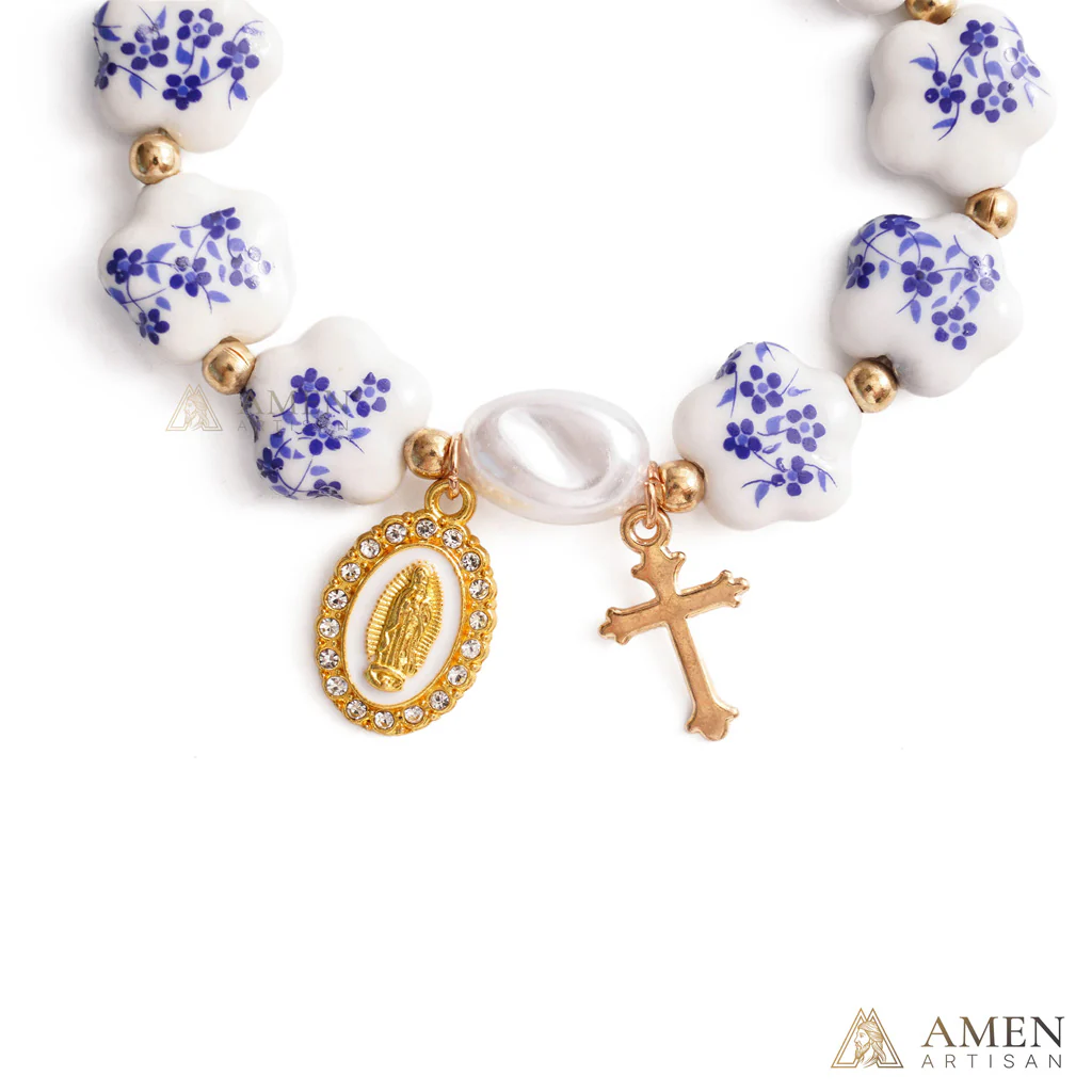Blue Floral Ceramic Flower Bracelet with Virgin Mary Pendant - Faith & Peace | Amen Artisan - Image 4