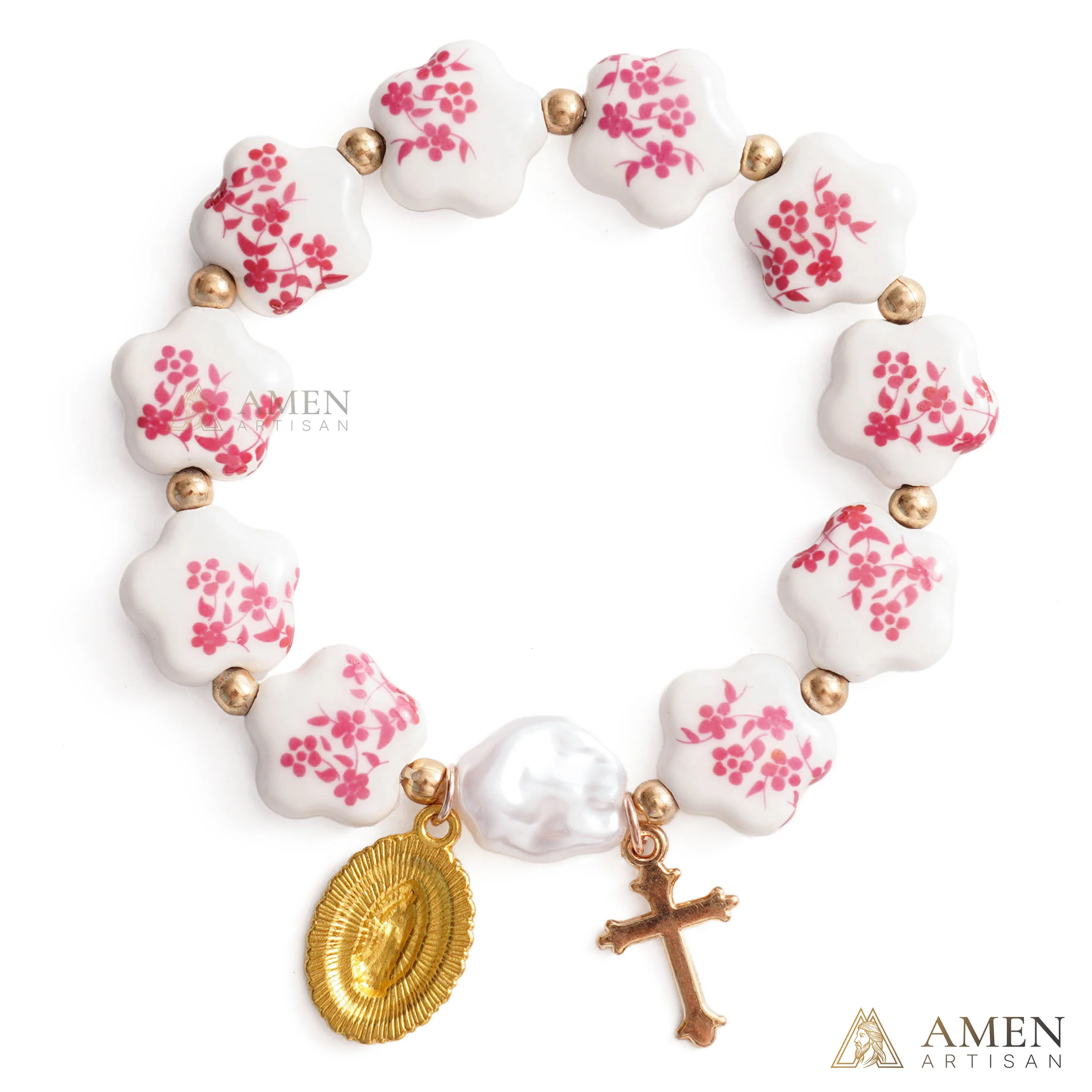 【Deal Today】Blue Floral Ceramic Flower Bracelet with Virgin Mary Pendant - Faith & Peace | Amen Artisan - Image 5