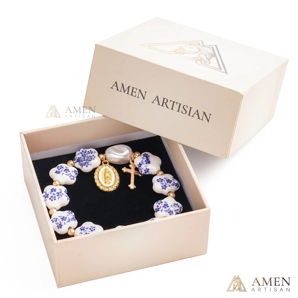 Blue Floral Ceramic Flower Bracelet with Virgin Mary Pendant - Faith & Peace | Amen Artisan - Image 7