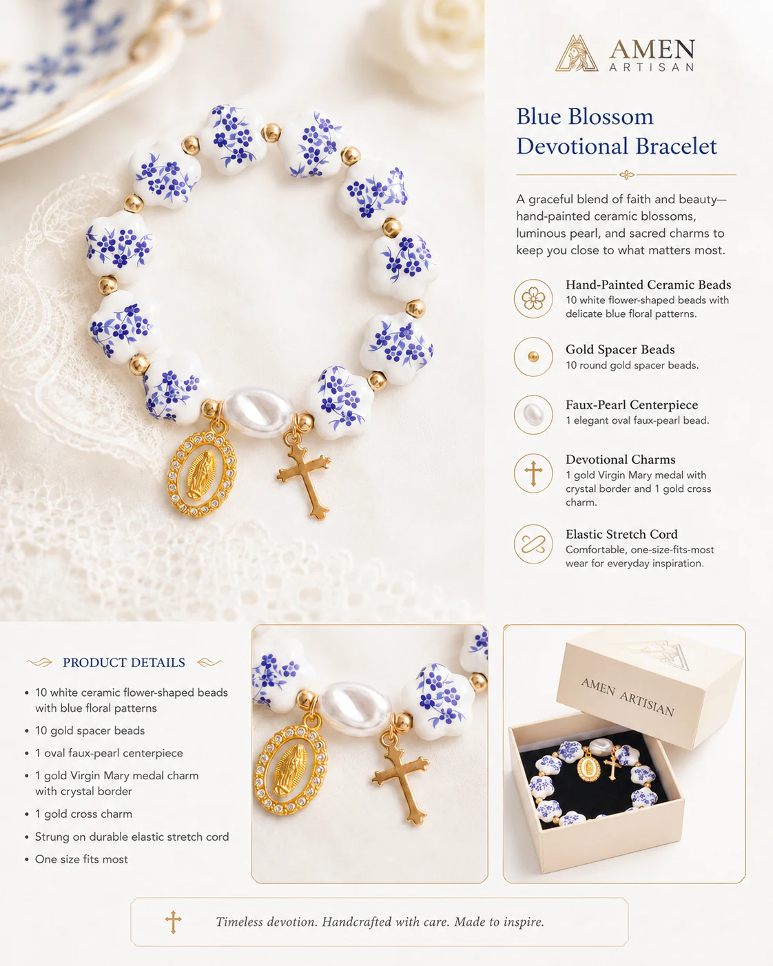Blue Floral Ceramic Flower Bracelet with Virgin Mary Pendant - Faith & Peace | Amen Artisan - Image 9