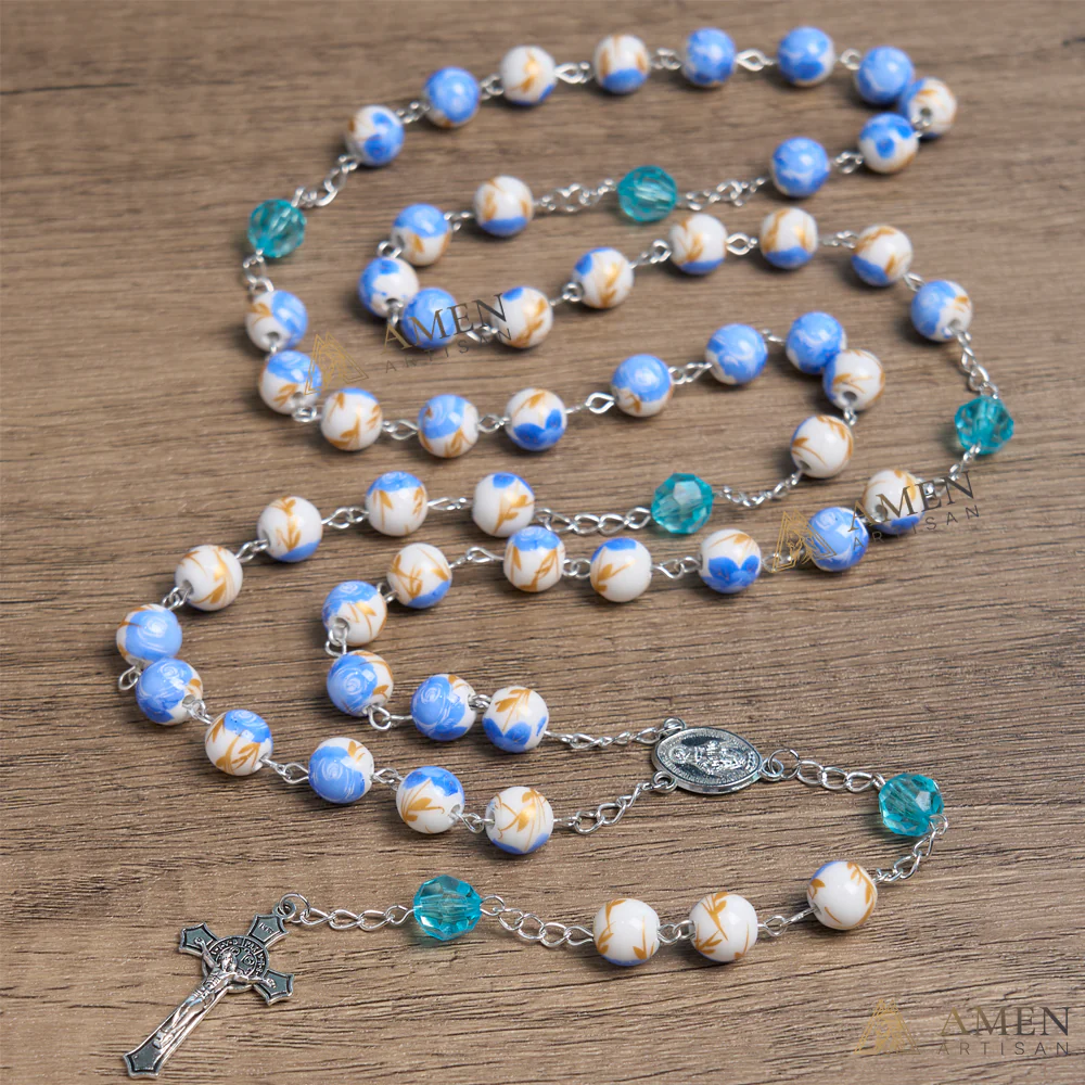 Blue Floral Ceramic Rosary - Image 3