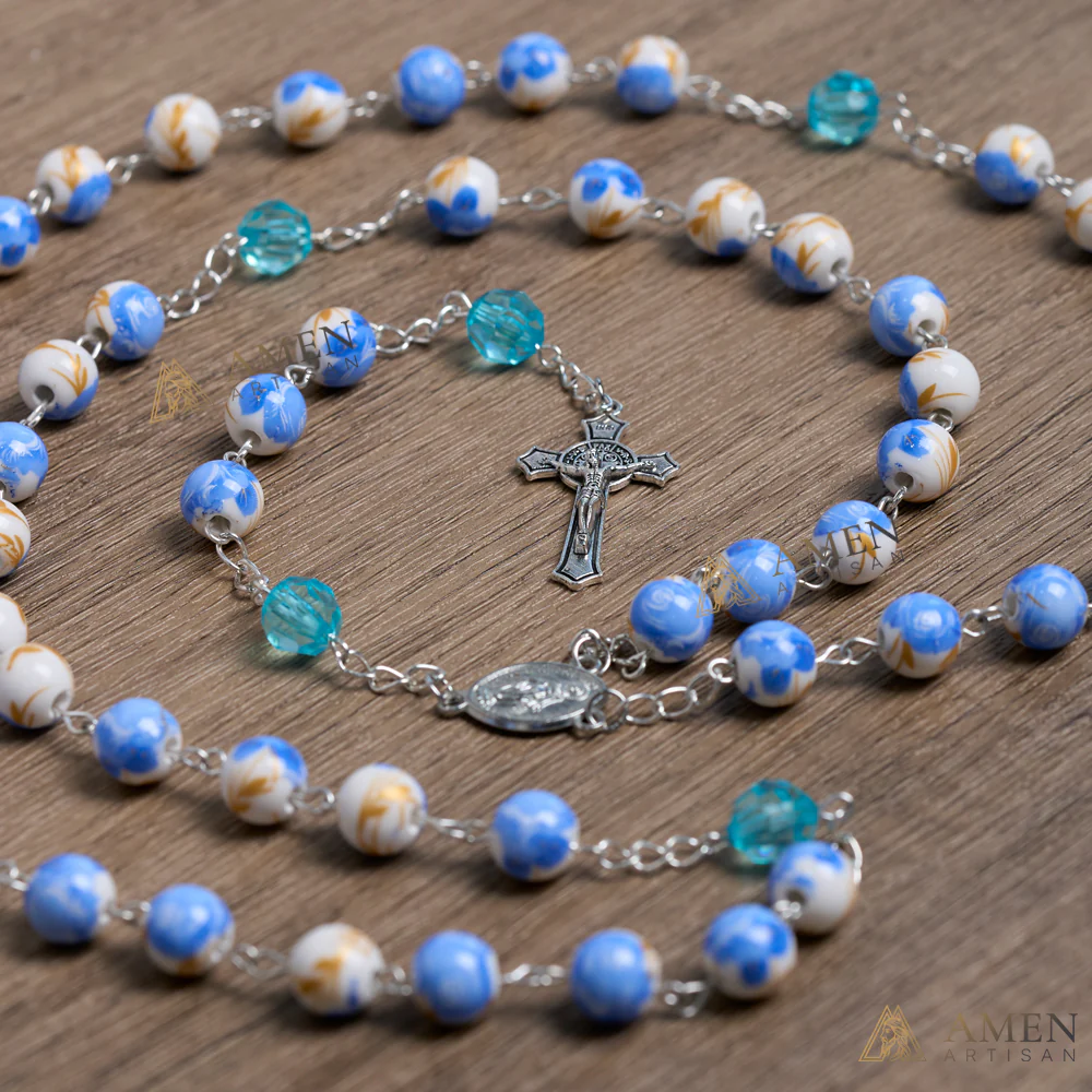 Blue Floral Ceramic Rosary - Image 4