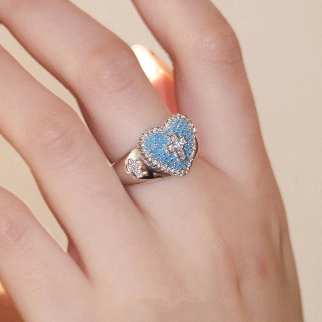 Blue Heart Cross Open Ring with Rhinestone Accents - Image 3