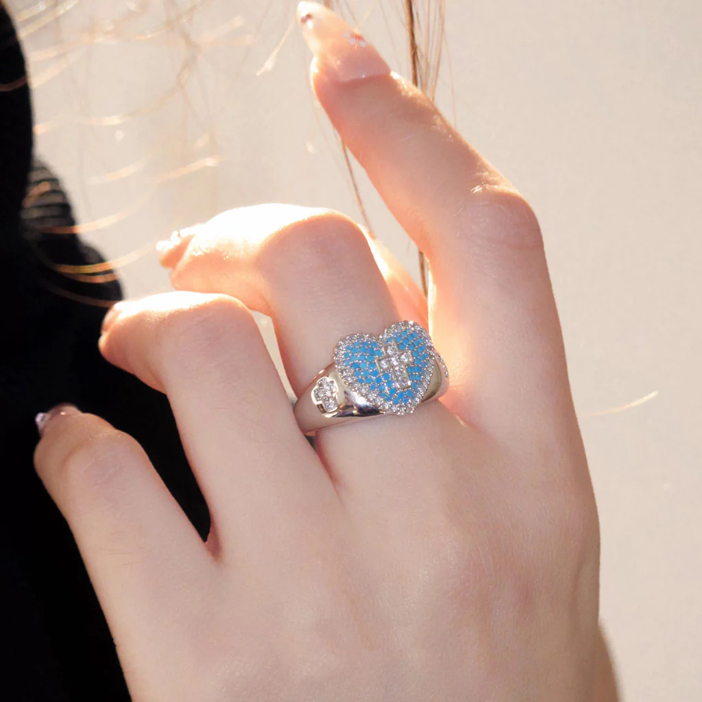 Blue Heart Cross Open Ring with Rhinestone Accents - Image 4